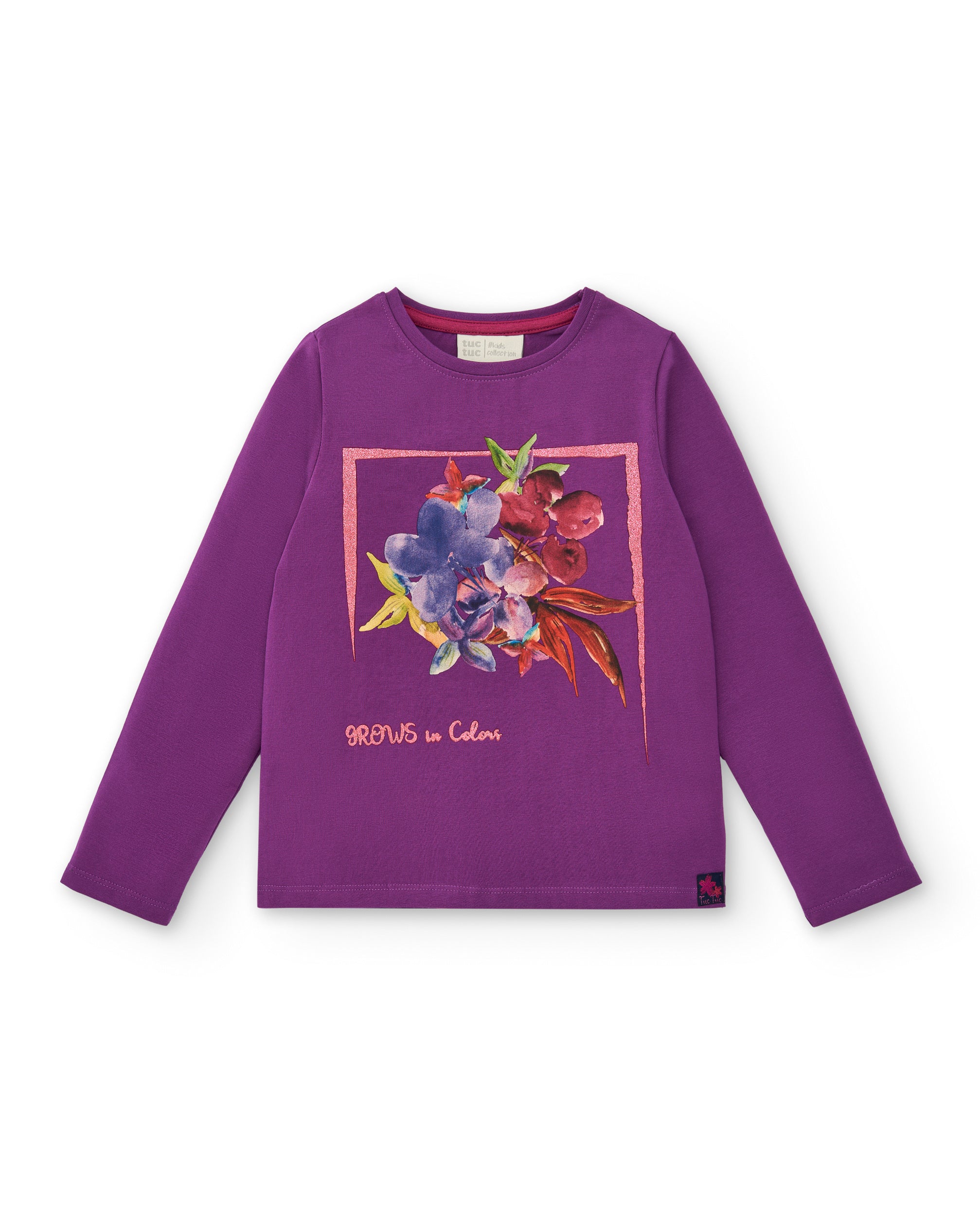 Camiseta de manga larga morada con estampado floral para niña