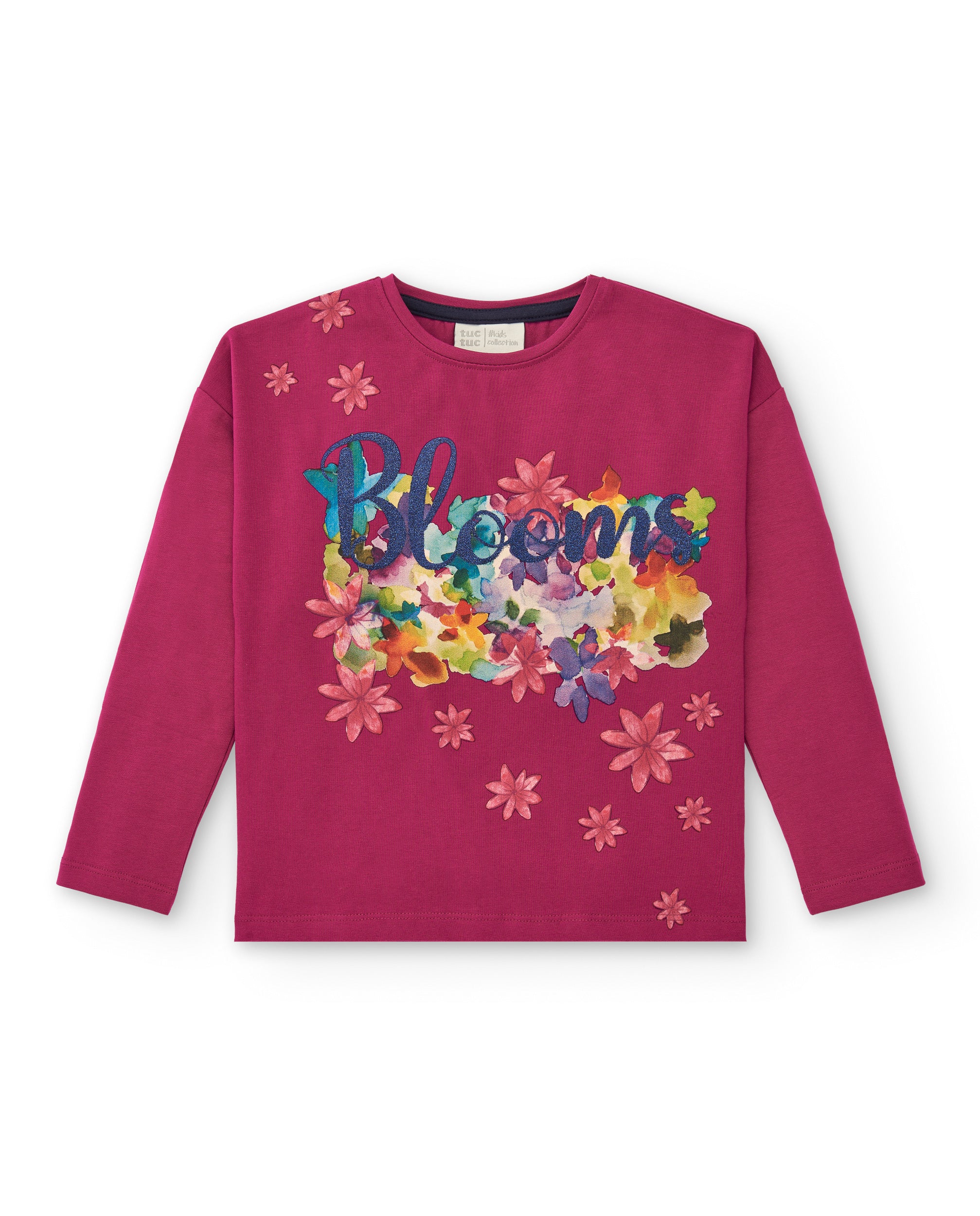 Camiseta fucsia con detalles florales y texto para niña