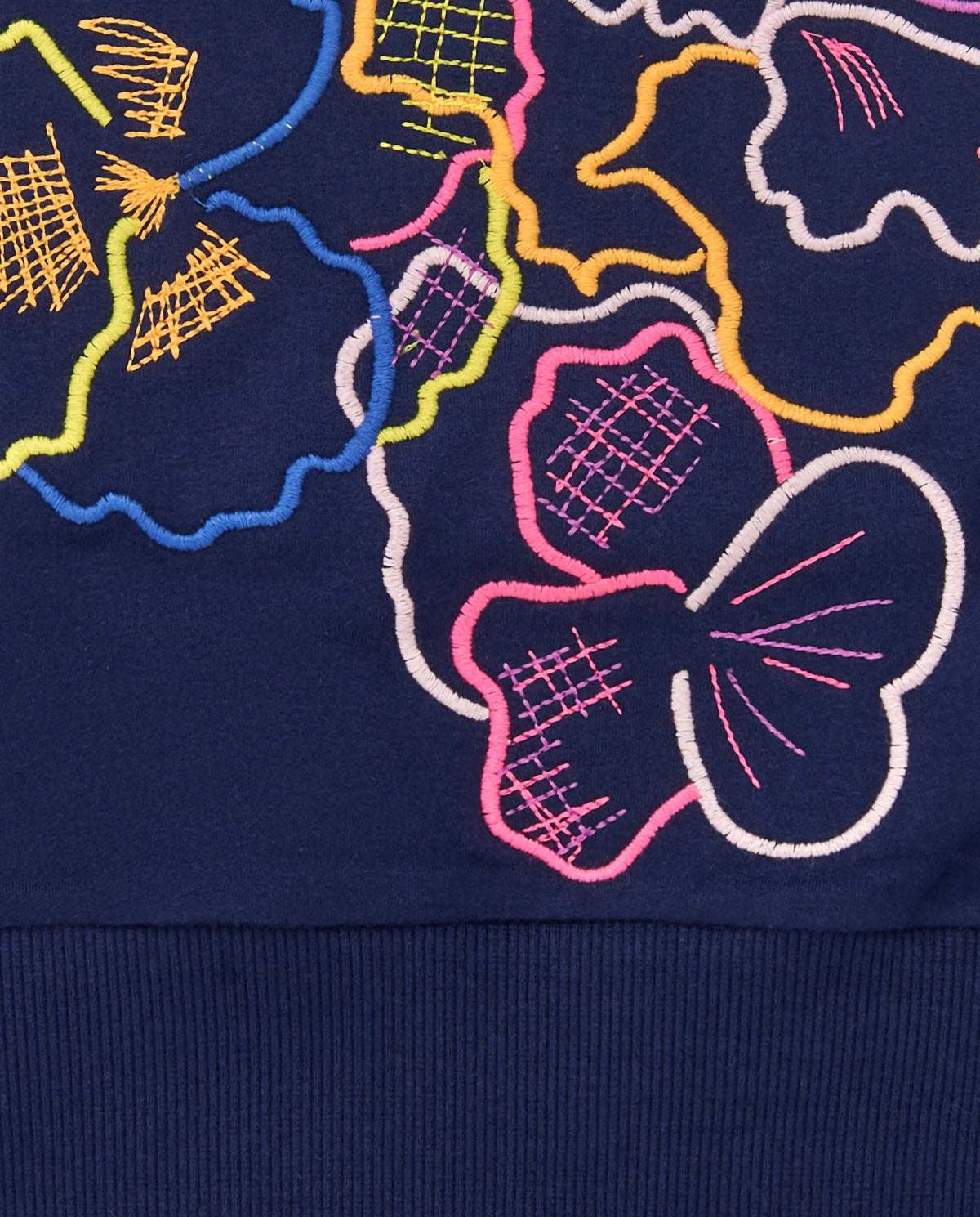 Sudadera azul marino con flores bordadas para niña colección