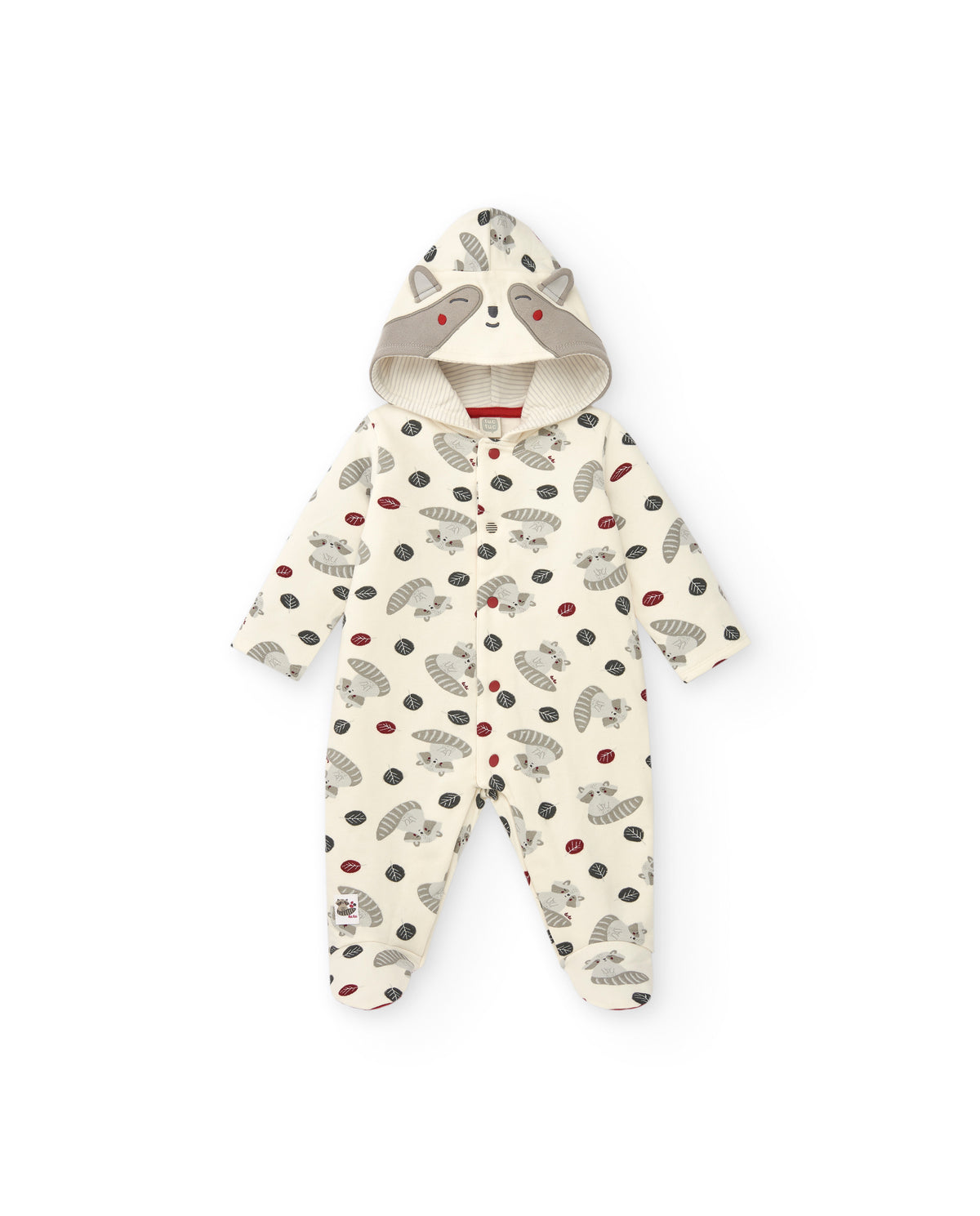Pelele niño en blanco con estampado de mapaches y capucha