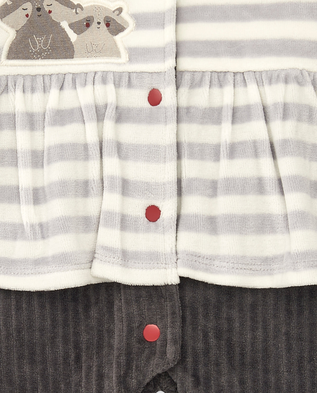 Pelele para niña en gris con rayas y mapache bordado colección