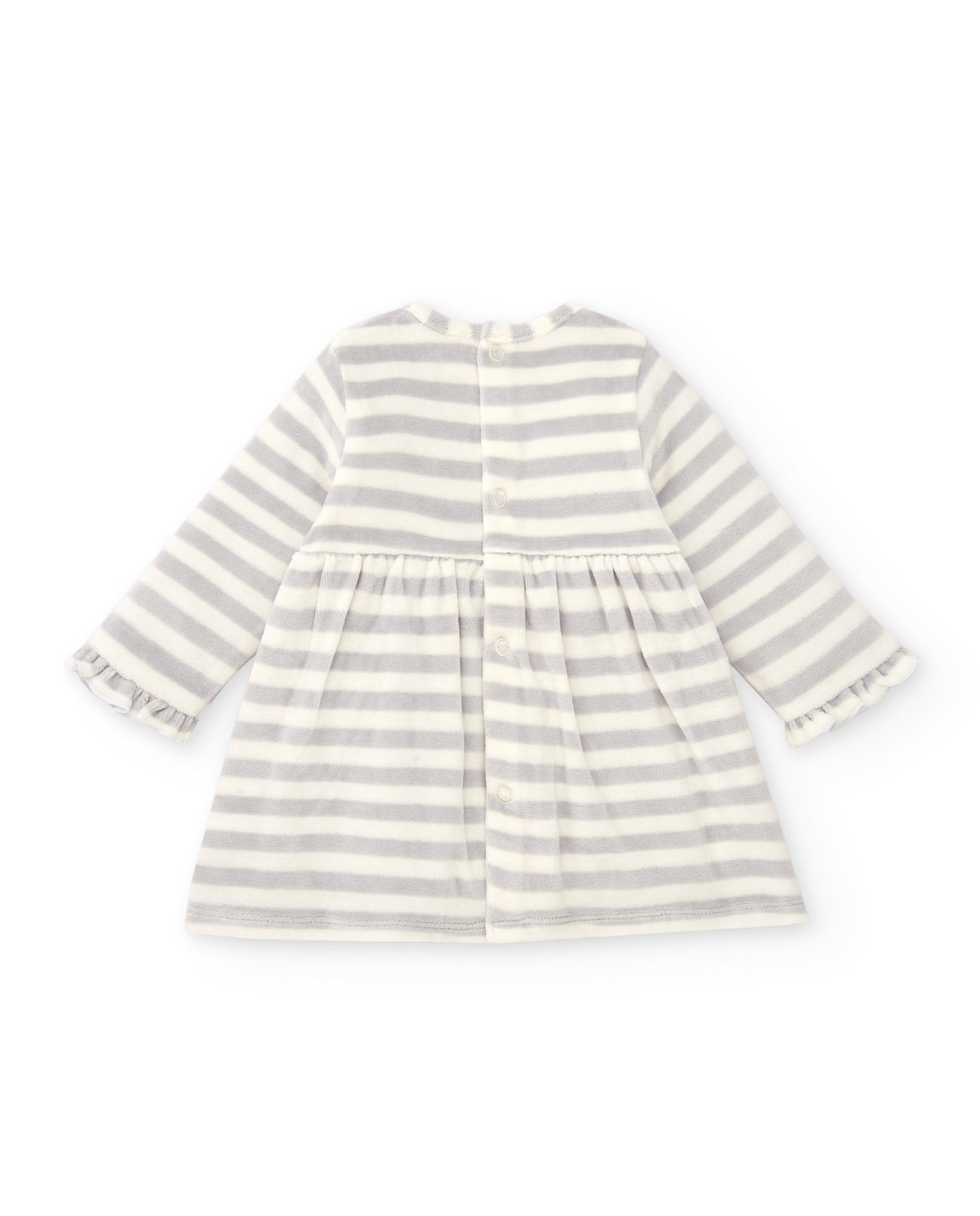 Vestido para niña en gris con rayas y mapache bordado colección