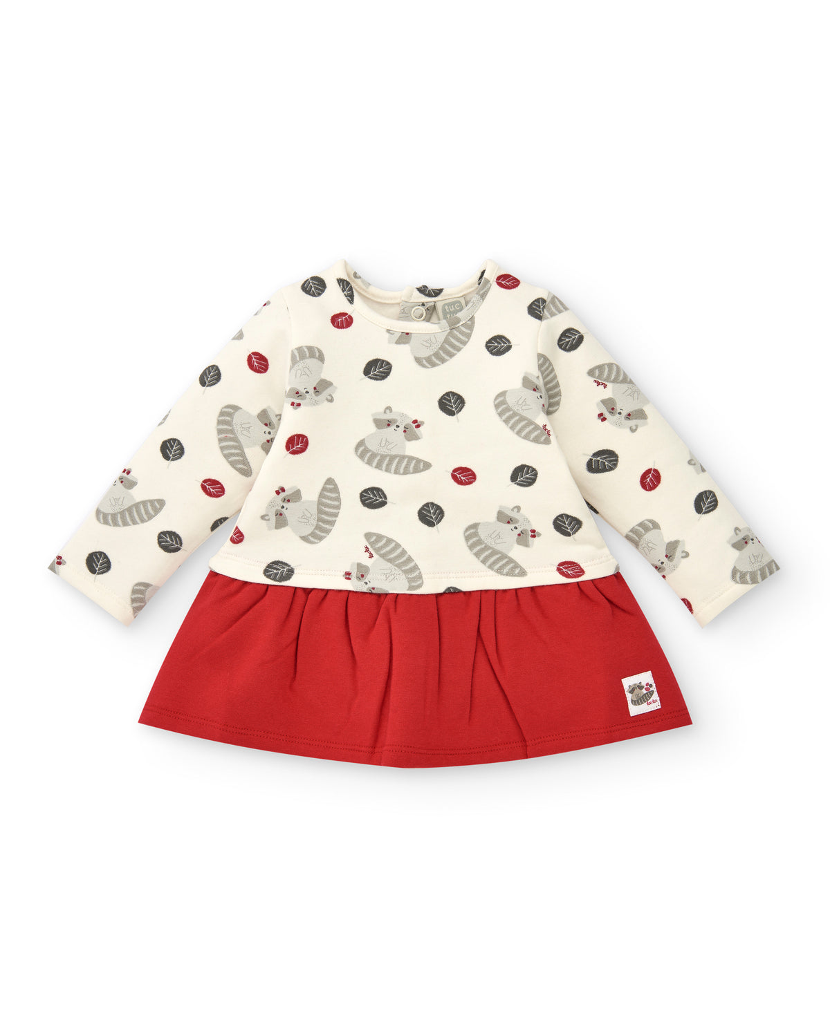 Vestido para niña en crudo con estampado de mapaches colección