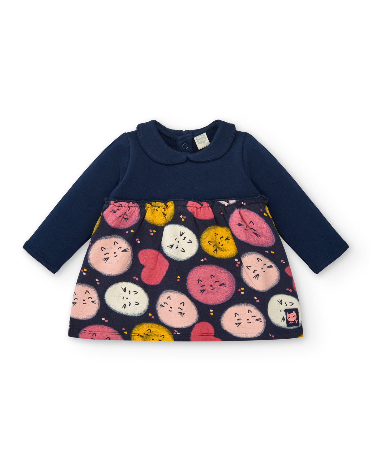 Vestido para niña en azul marino con estampado de gatitos
