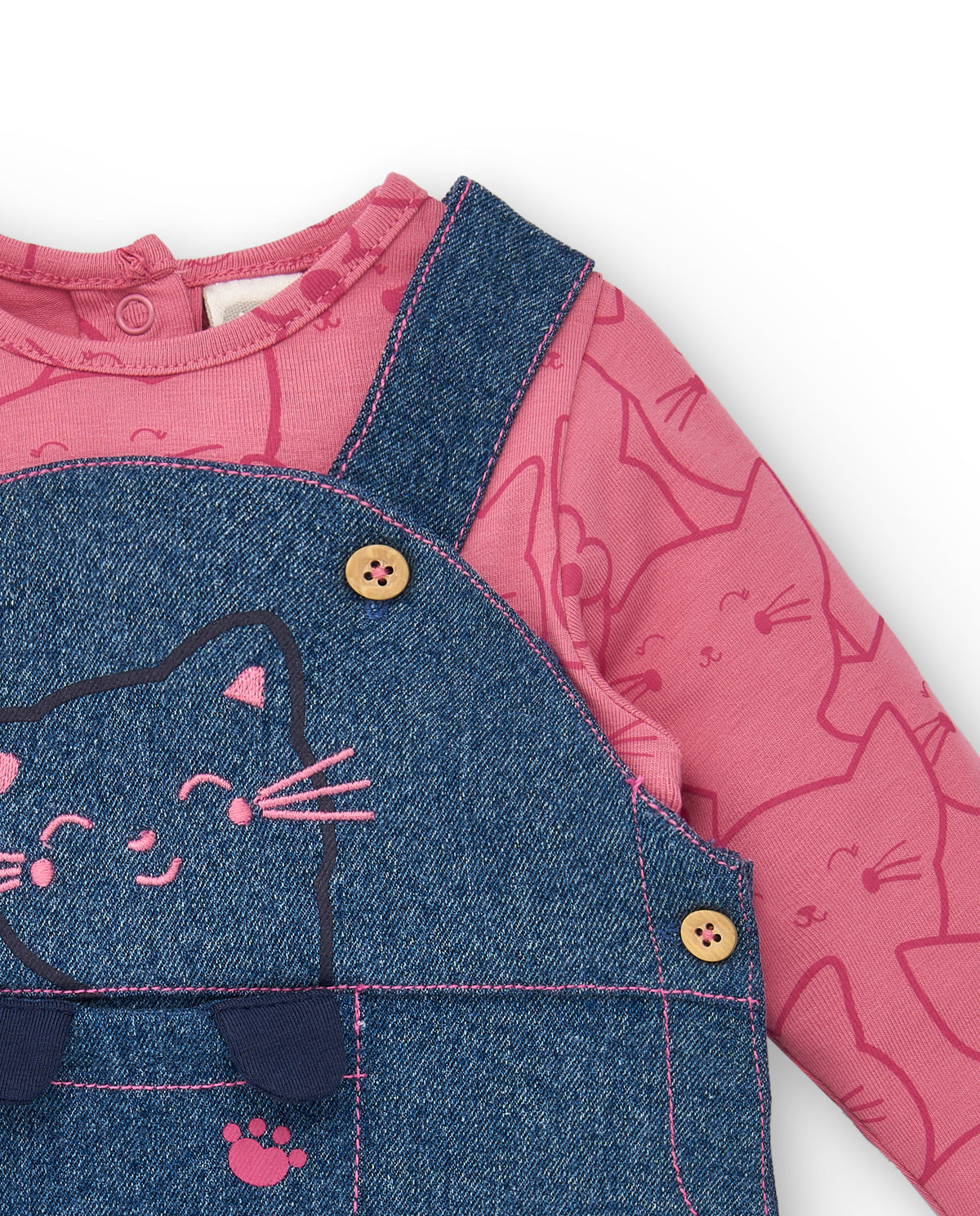 Conjunto para niña en denim y rosa con estampado de gatitos