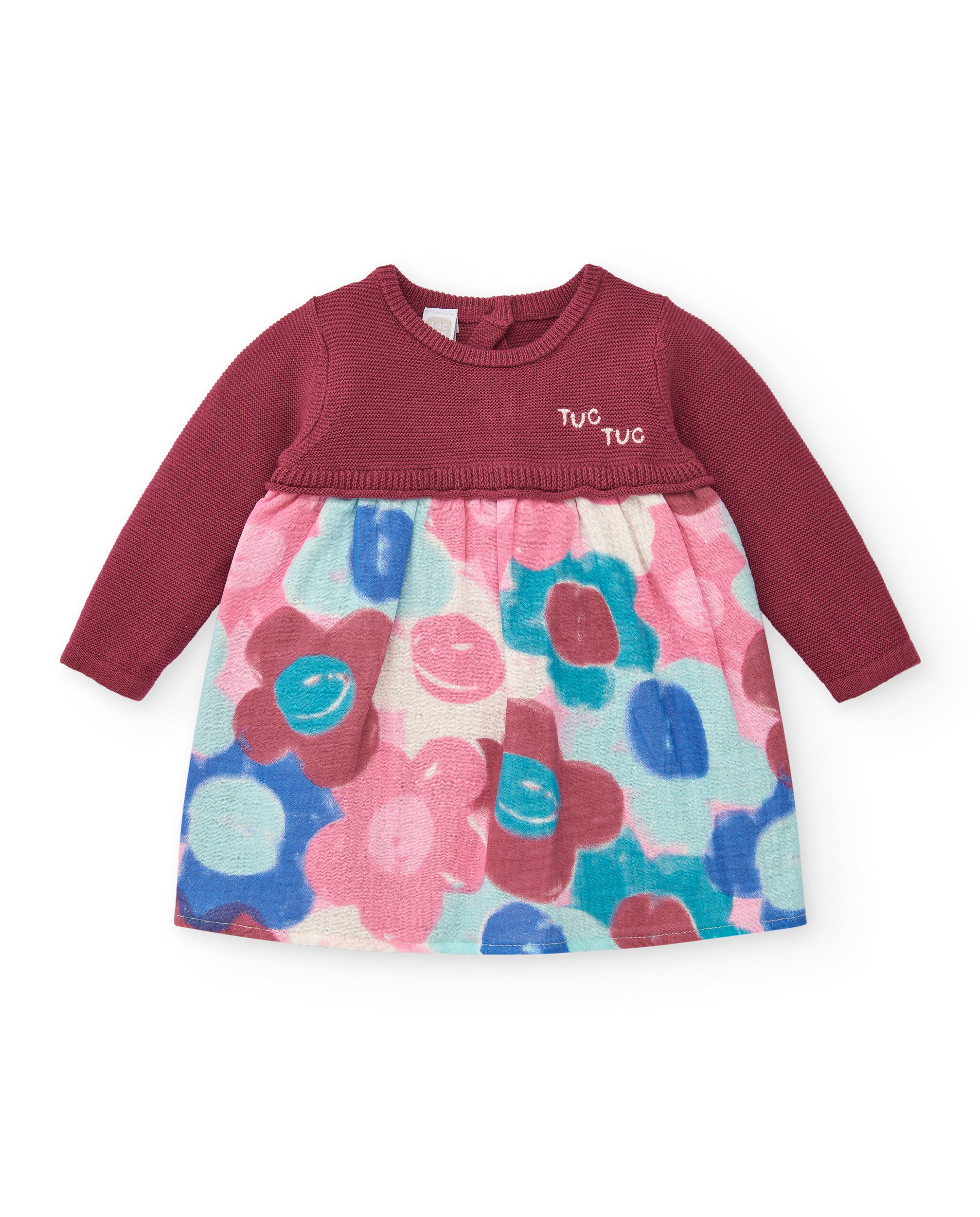 Vestido combinado para niña en burdeos con falda estampada