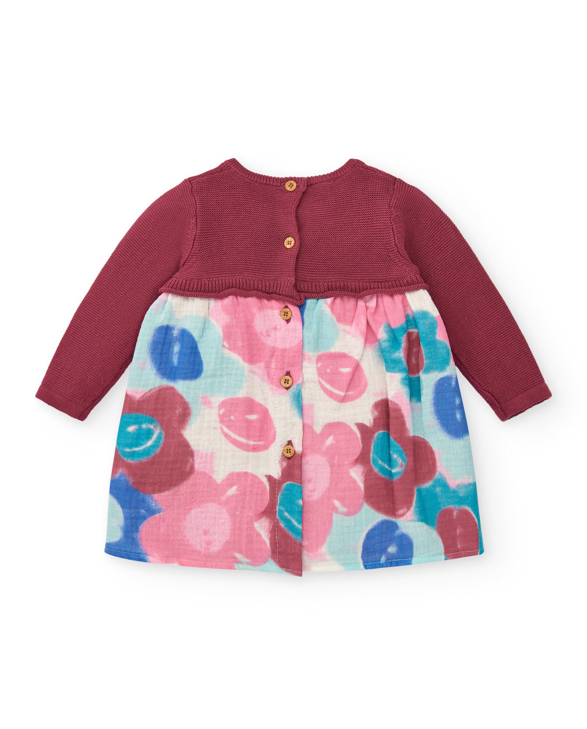 Vestido combinado para niña en burdeos con falda estampada