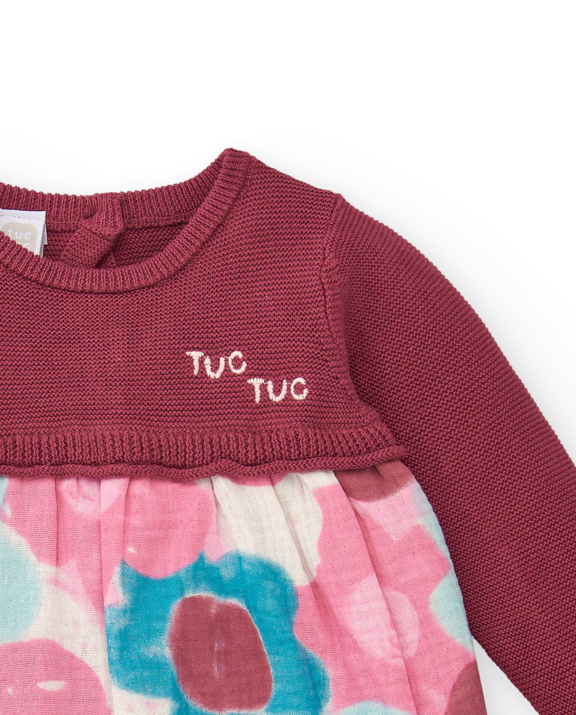 Vestido combinado para niña en burdeos con falda estampada