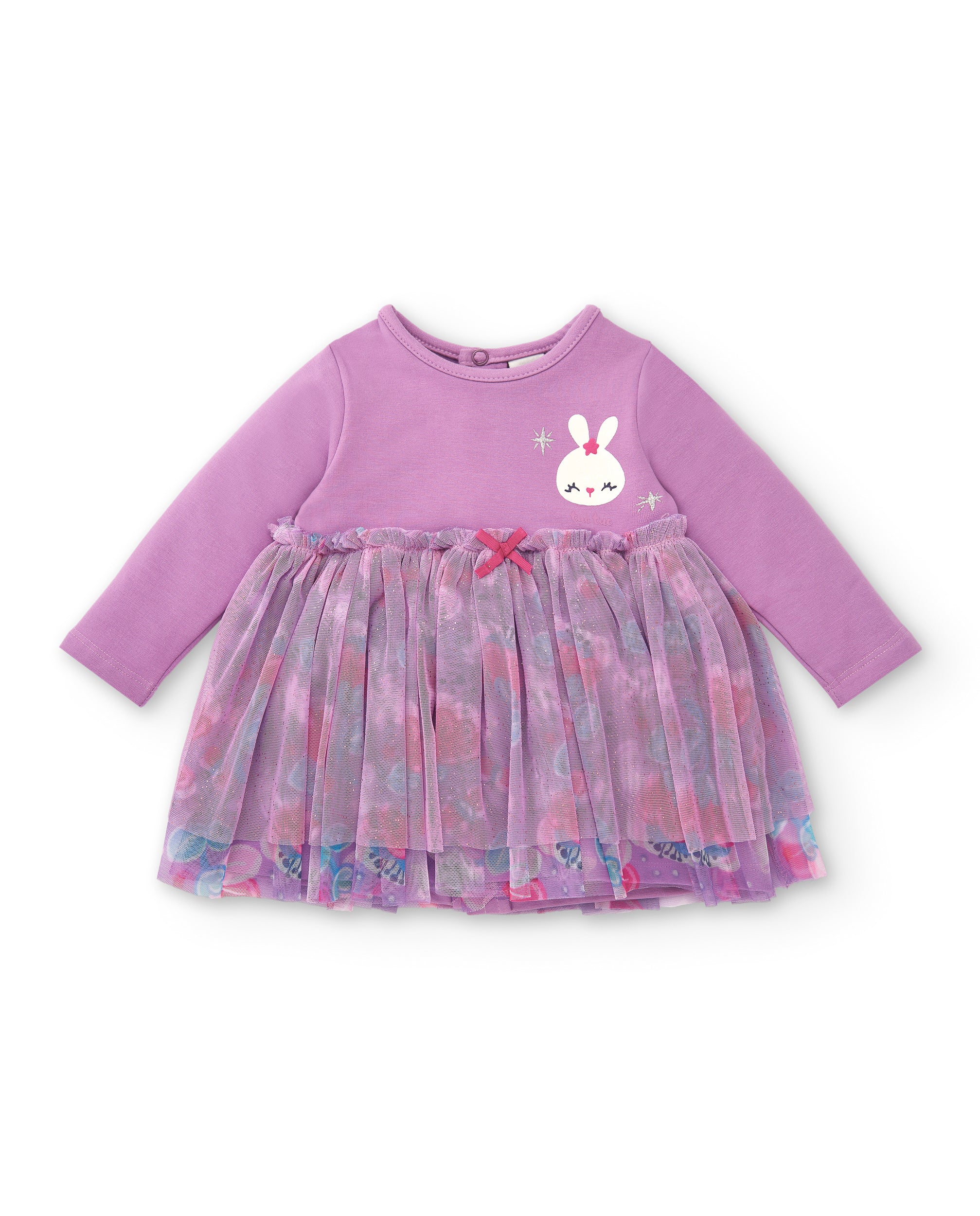 Vestido para niña en lila con tul y estampado de conejo