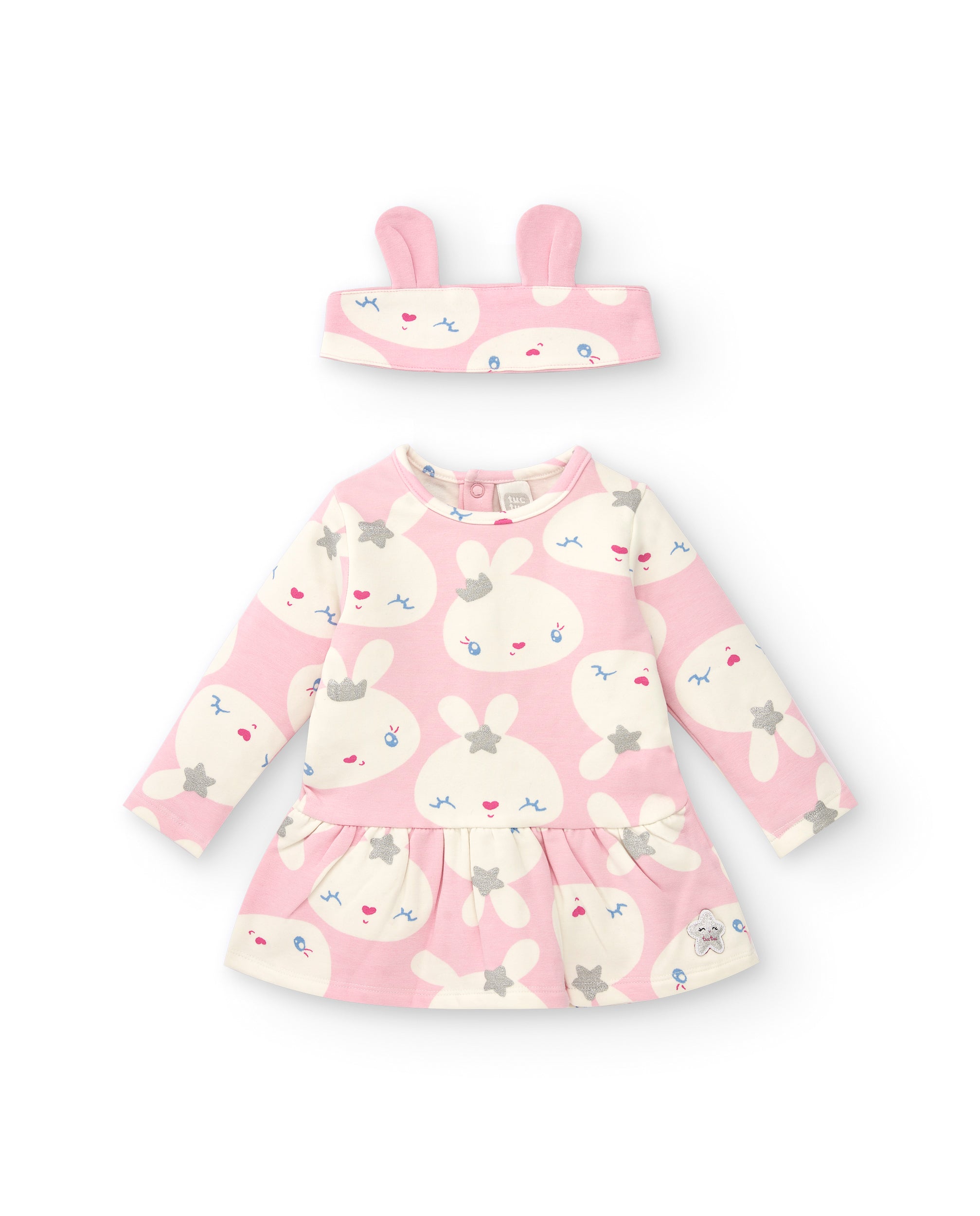 Vestido para niña en rosa con diadema de orejas y estampado de