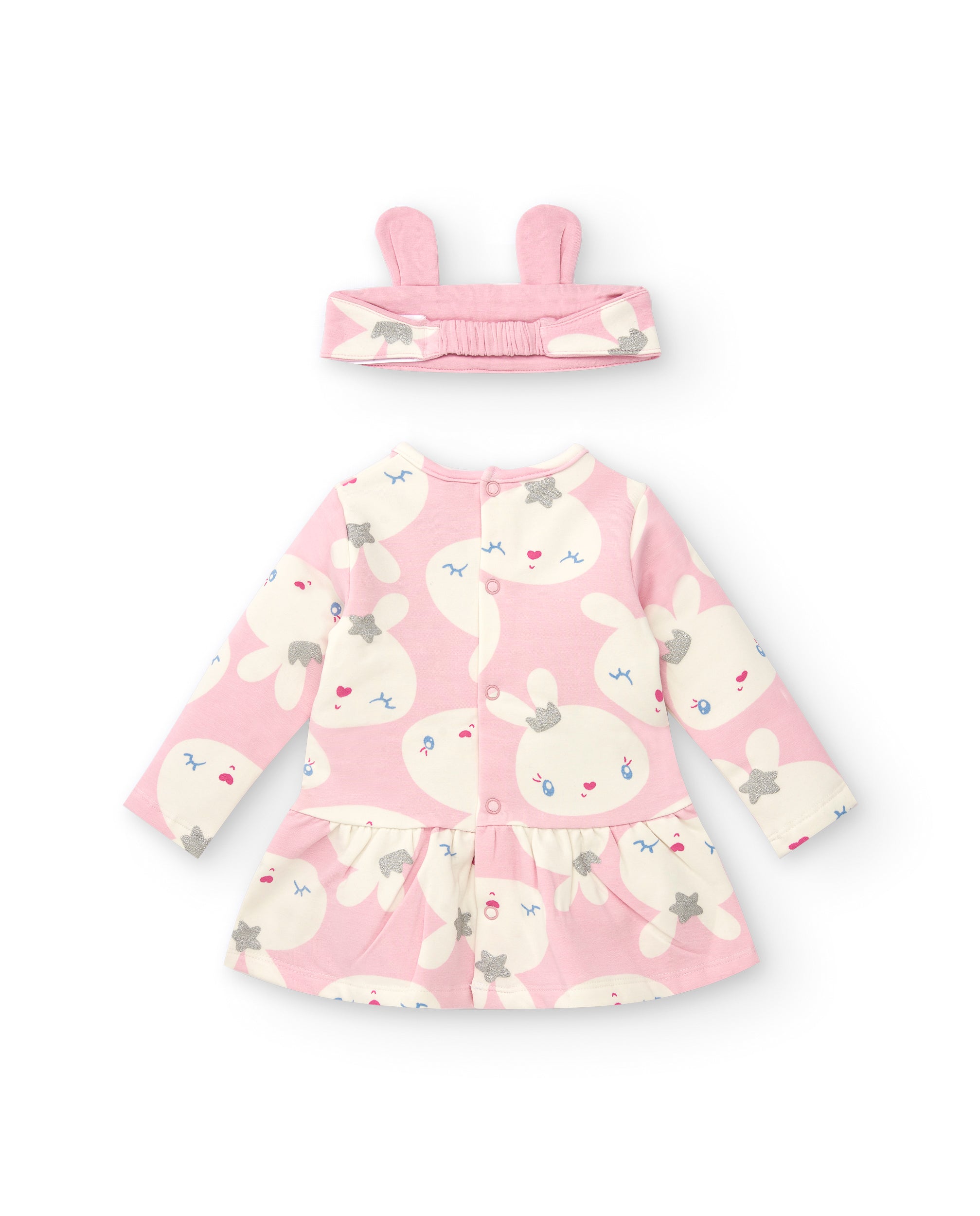 Vestido para niña en rosa con diadema de orejas y estampado de