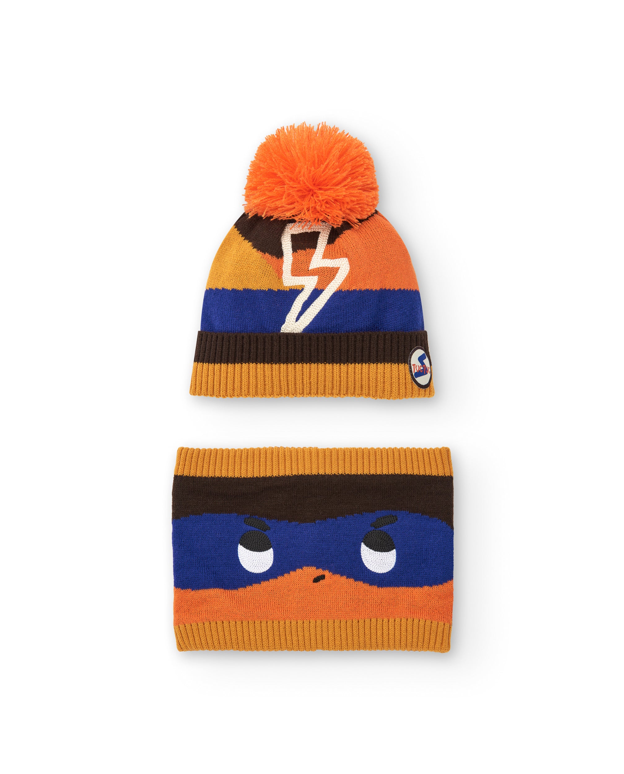 Set de gorro y braga para niño en naranja con estampado de