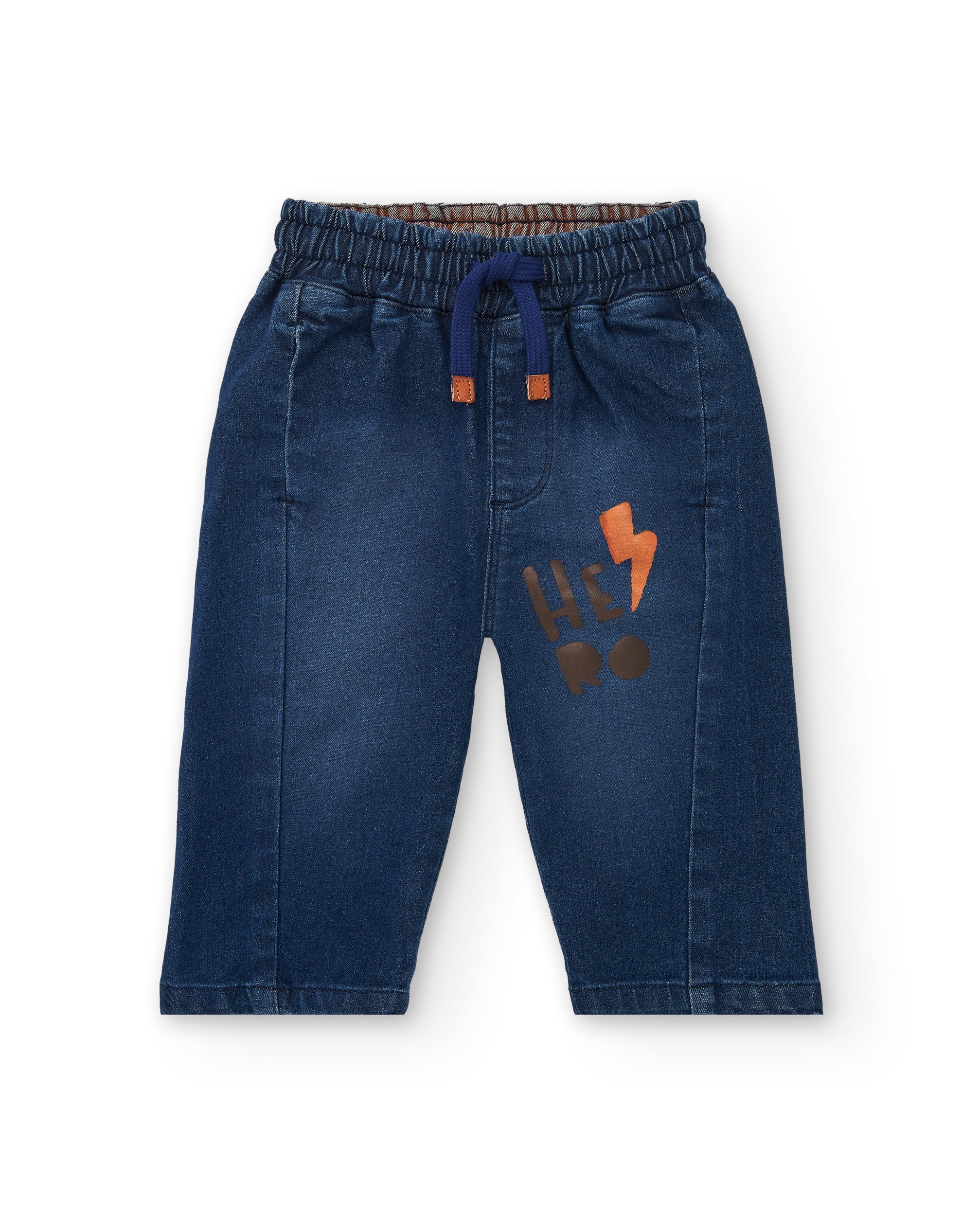 Pantalón vaquero jogger para niño en azul con estampado de rayo