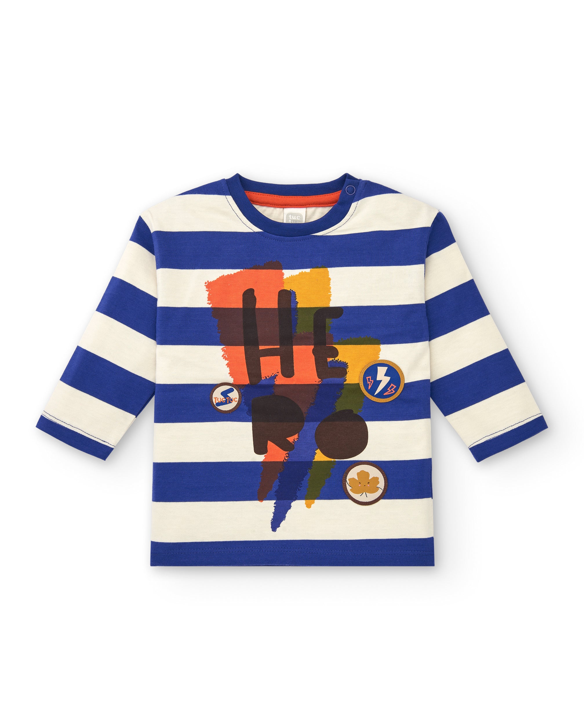 Camiseta de manga larga para niño en azul con rayas y estampado