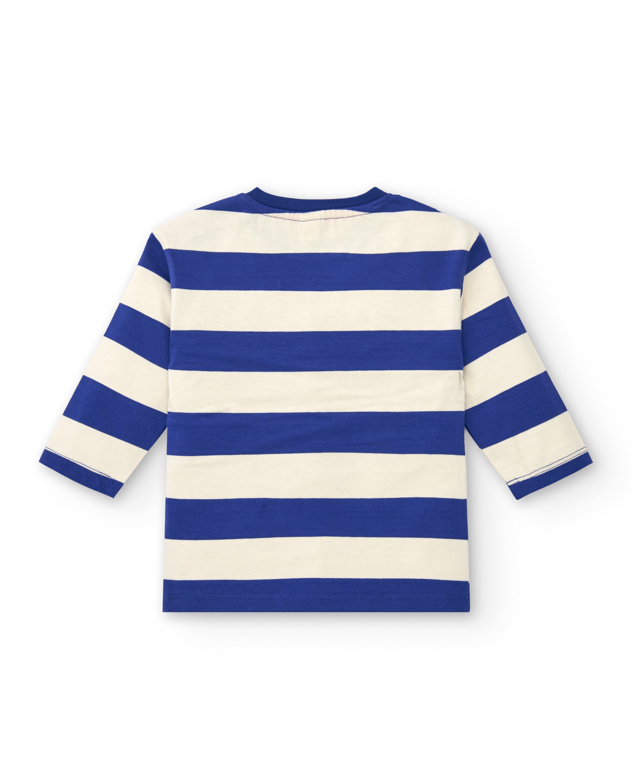 Camiseta de manga larga para niño en azul con rayas y estampado