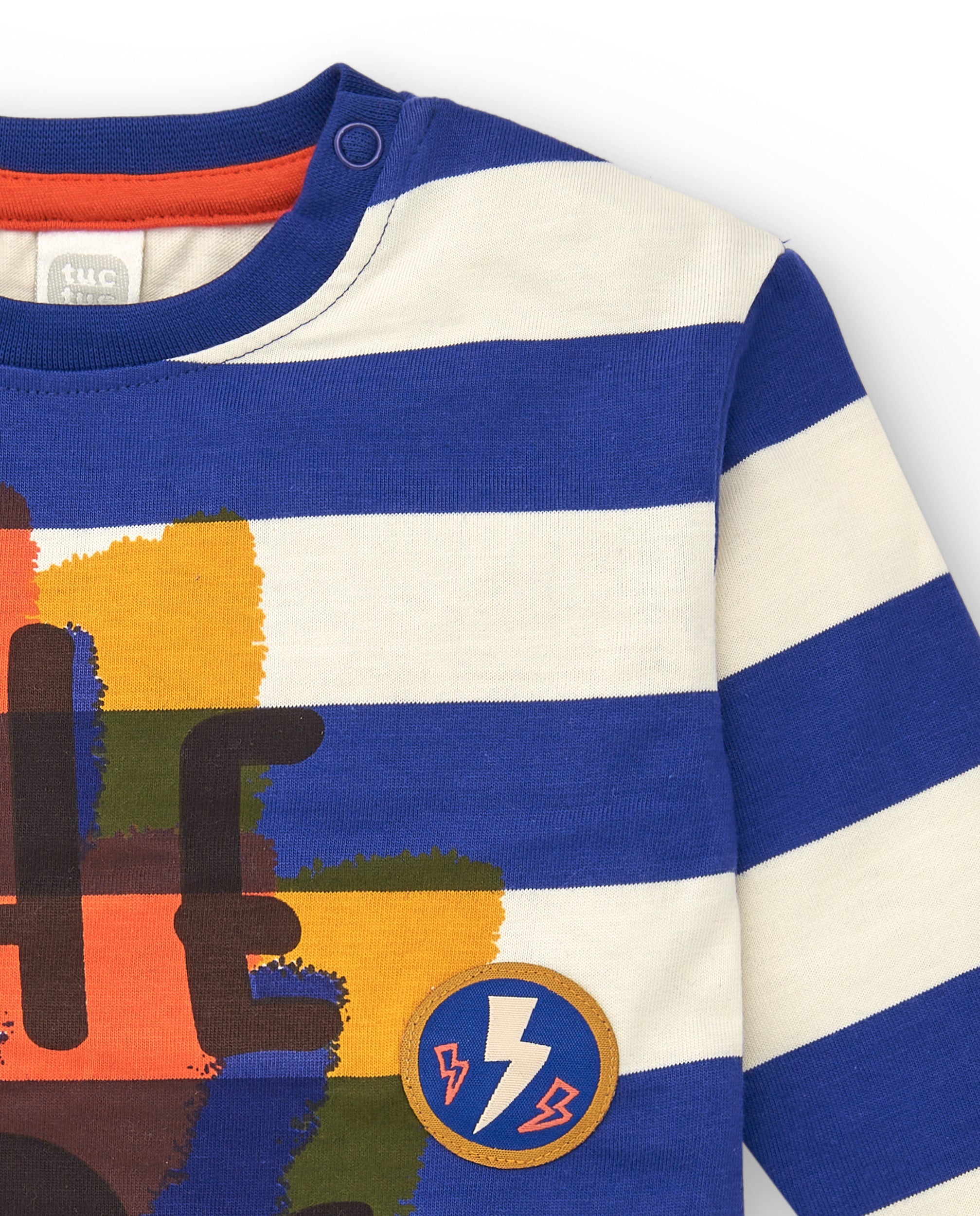 Camiseta de manga larga para niño en azul con rayas y estampado