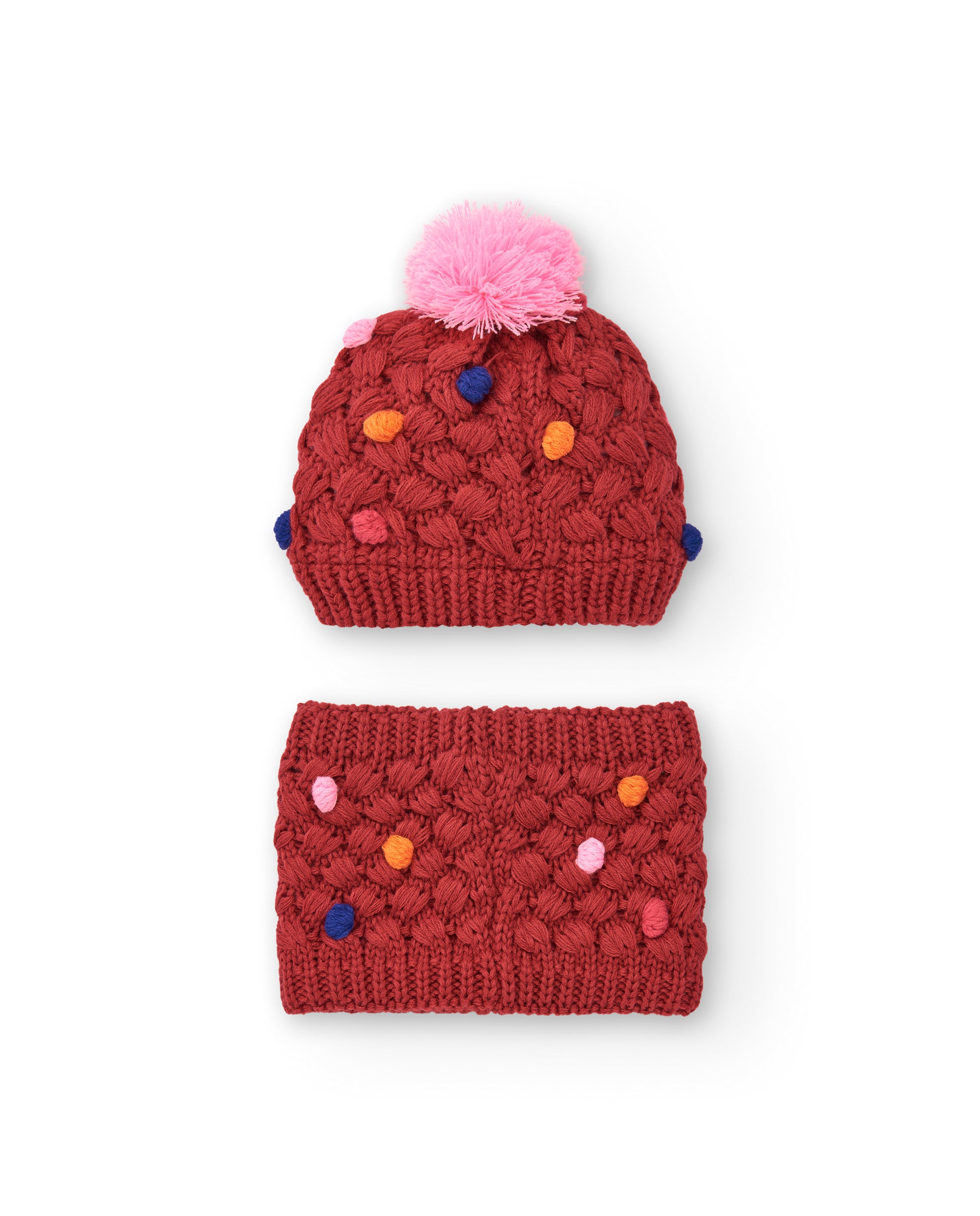 Conjunto de gorro y braga para niña en rojo con pompones