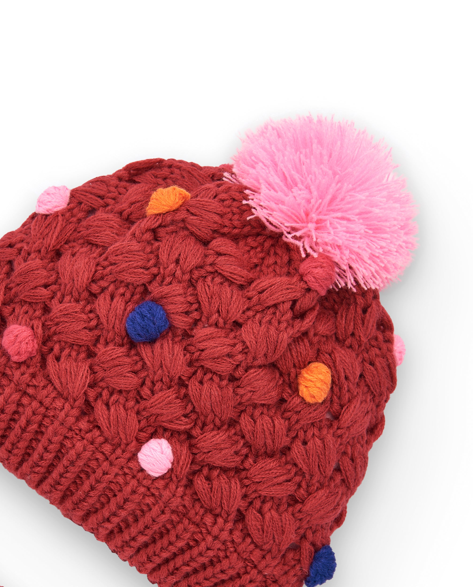 Conjunto de gorro y braga para niña en rojo con pompones