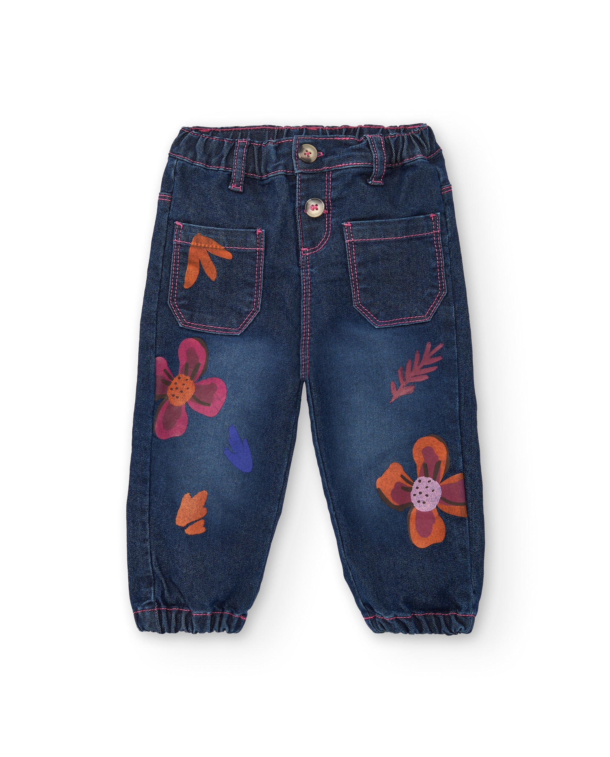 Pantalón vaquero para niña en azul con estampado floral