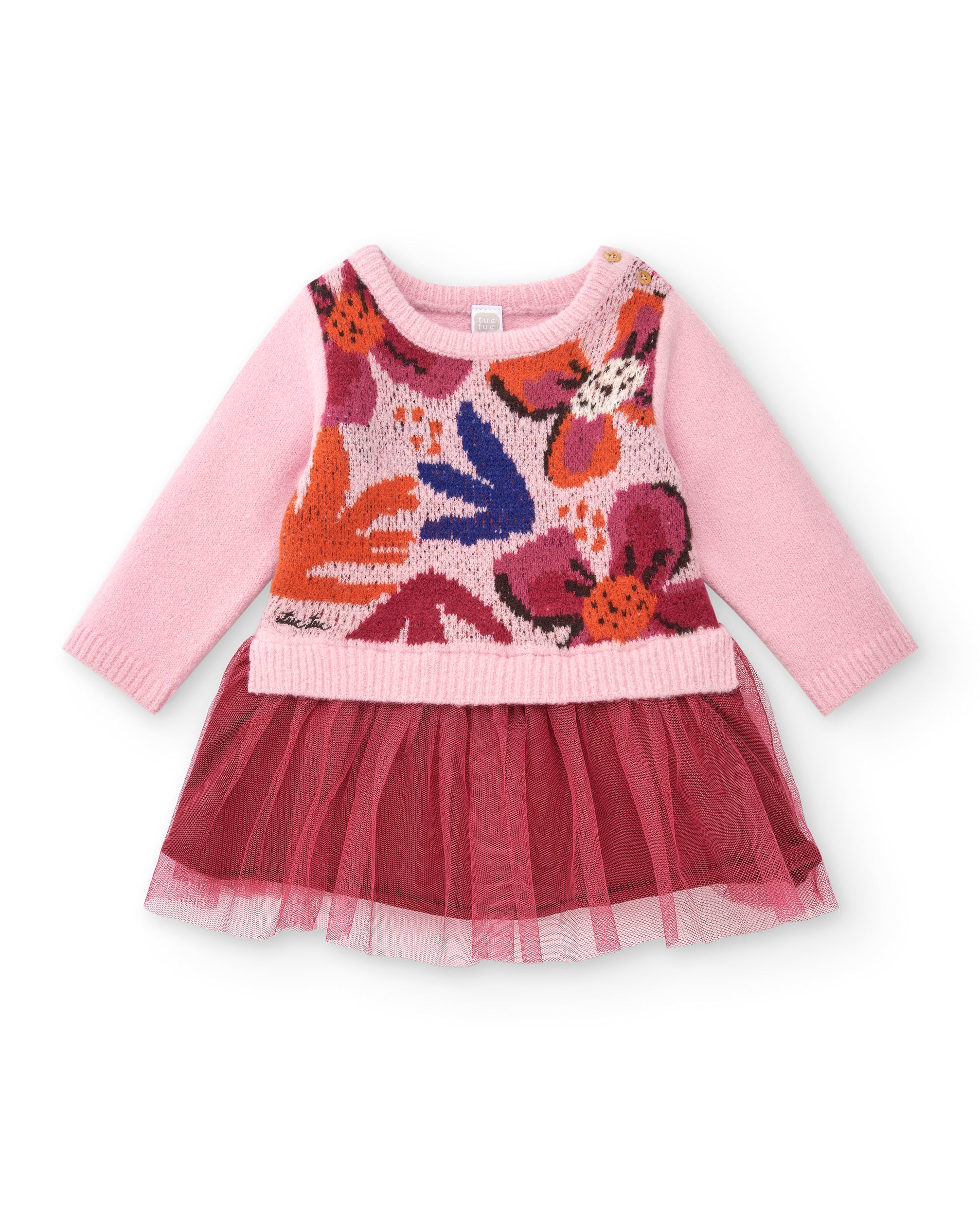 Vestido de punto para niña en rosa con falda de tul colección
