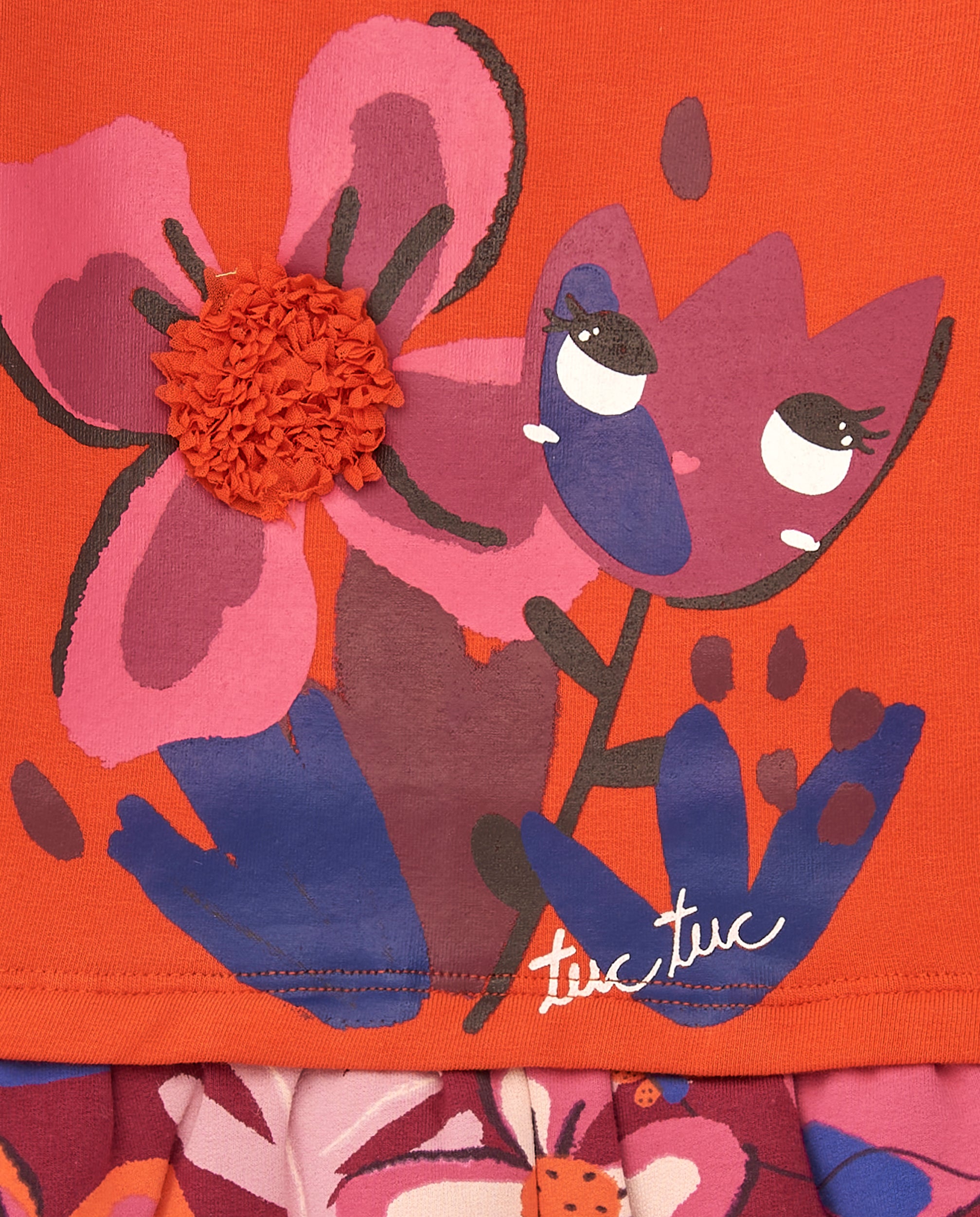 Vestido felpa para niña en naranja con falda estampada floral