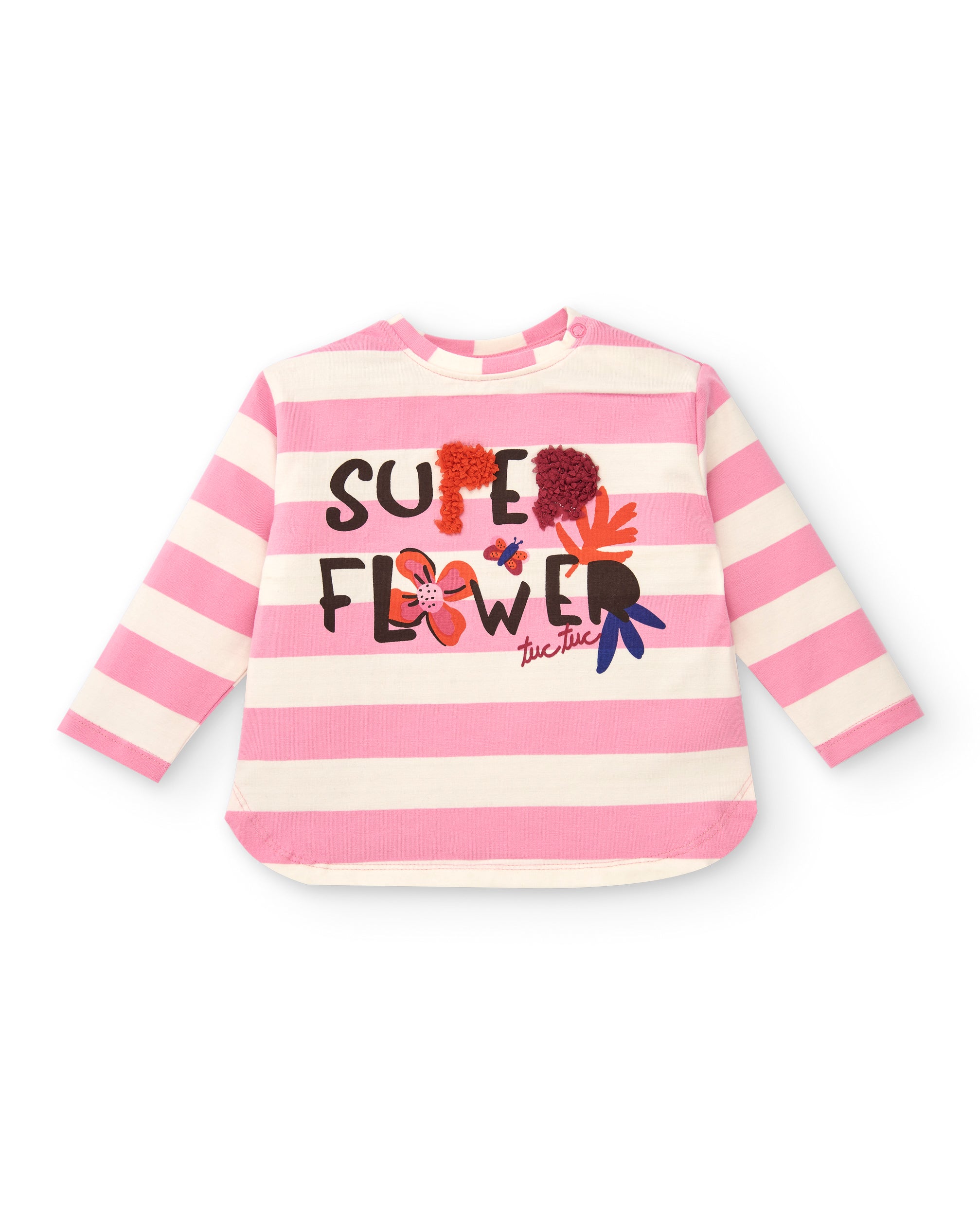 Camiseta para niña en rosa con rayas y detalle floral colección