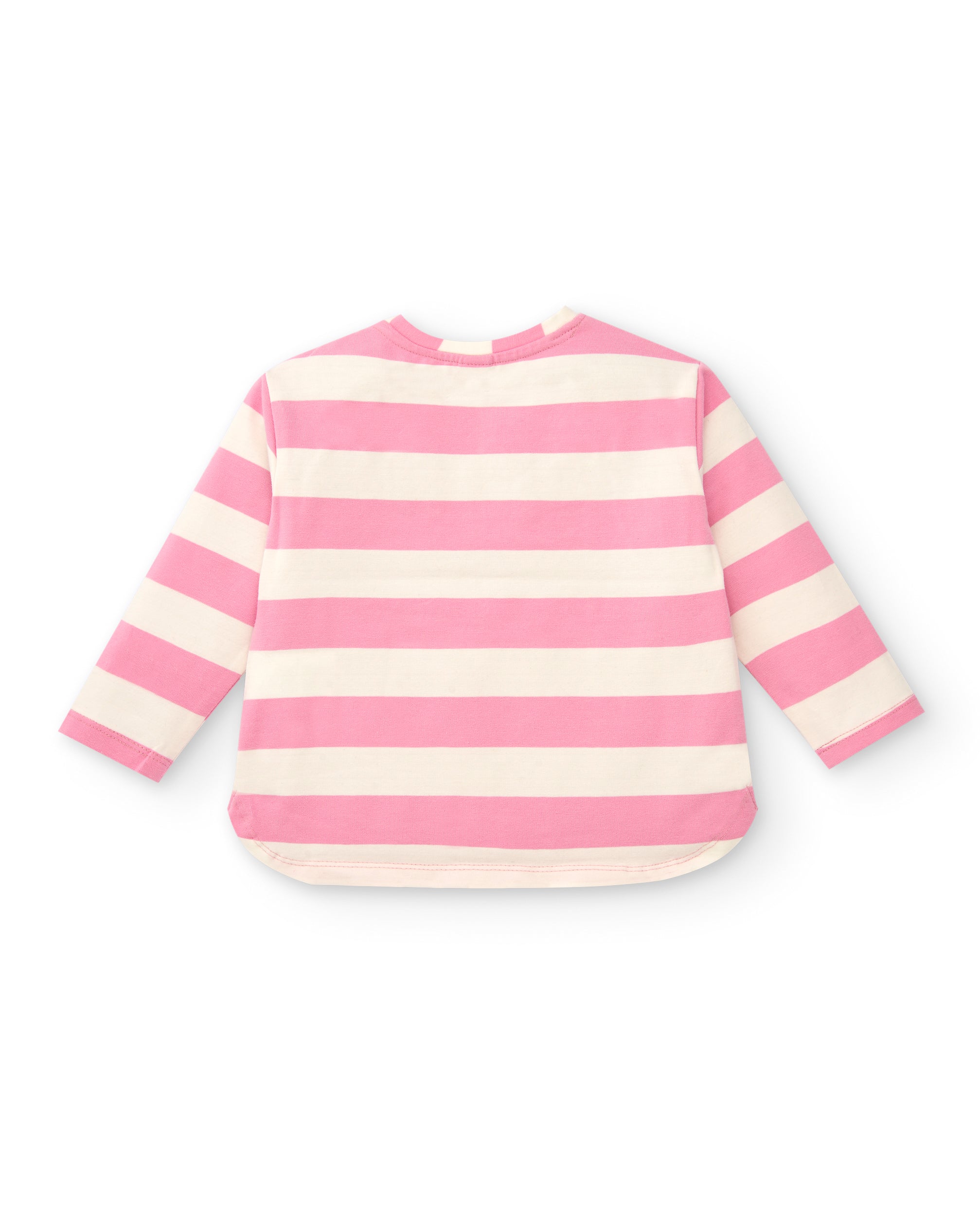 Camiseta para niña en rosa con rayas y detalle floral colección