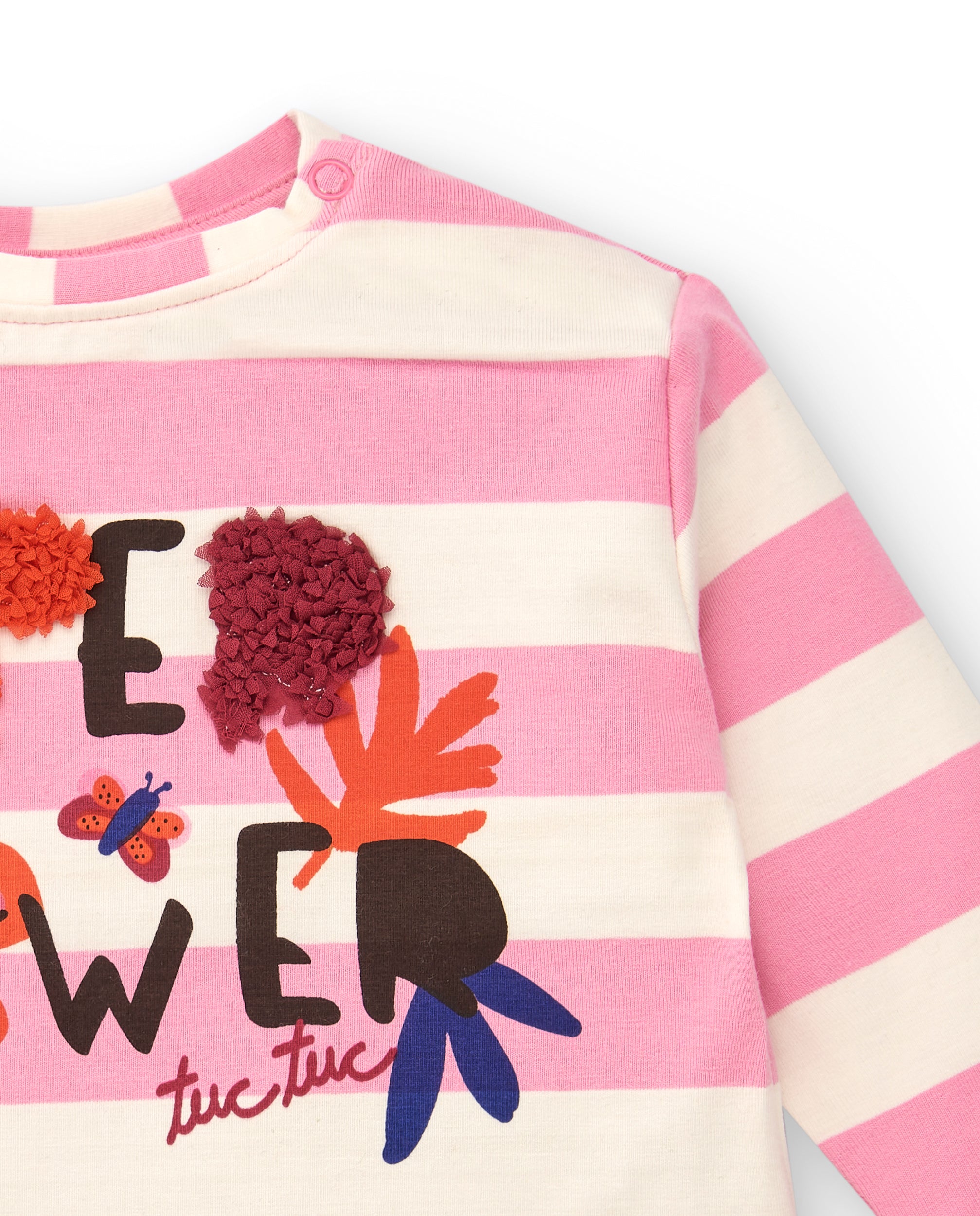 Camiseta para niña en rosa con rayas y detalle floral colección