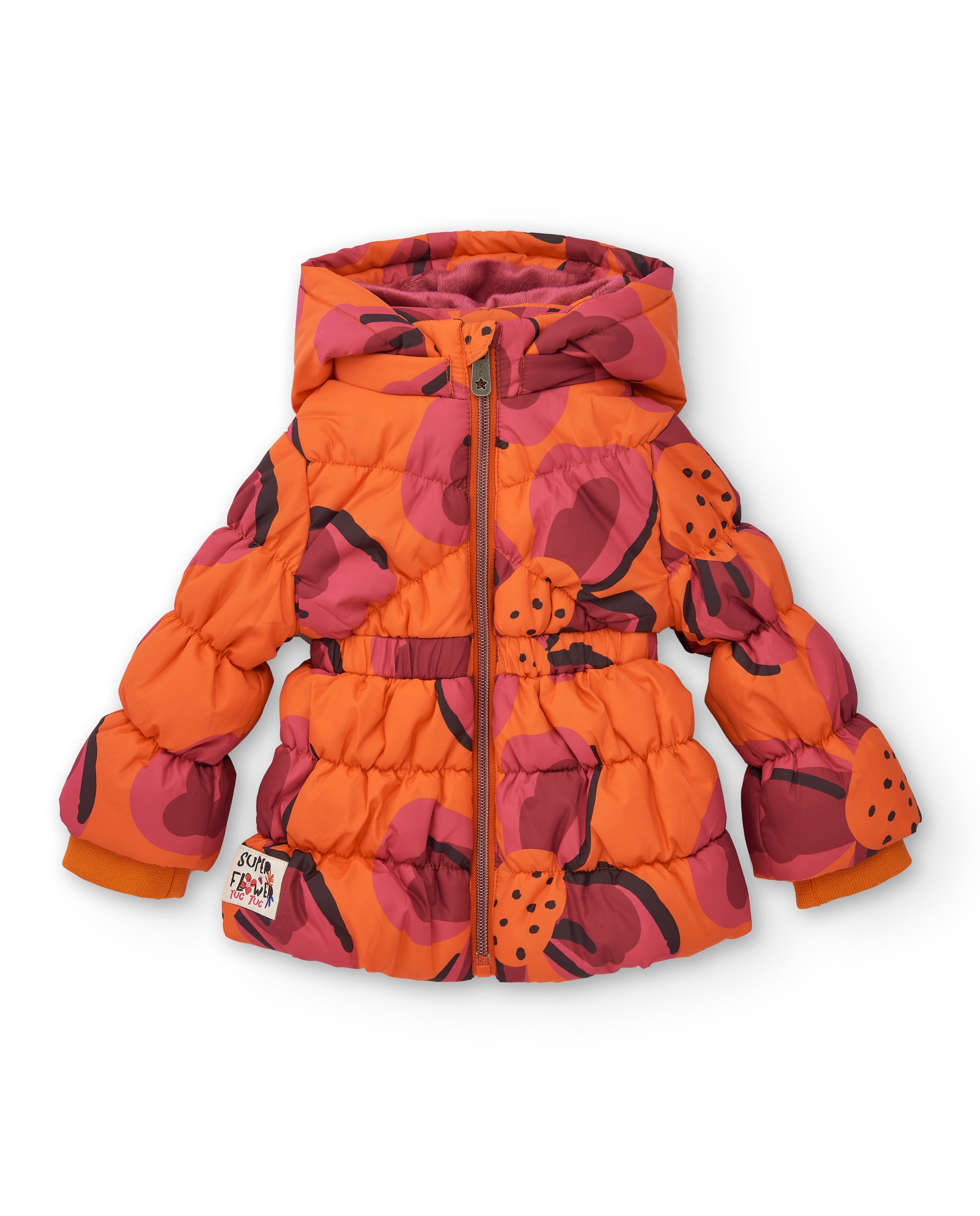 Abrigo acolchado para niña en naranja con estampado floral