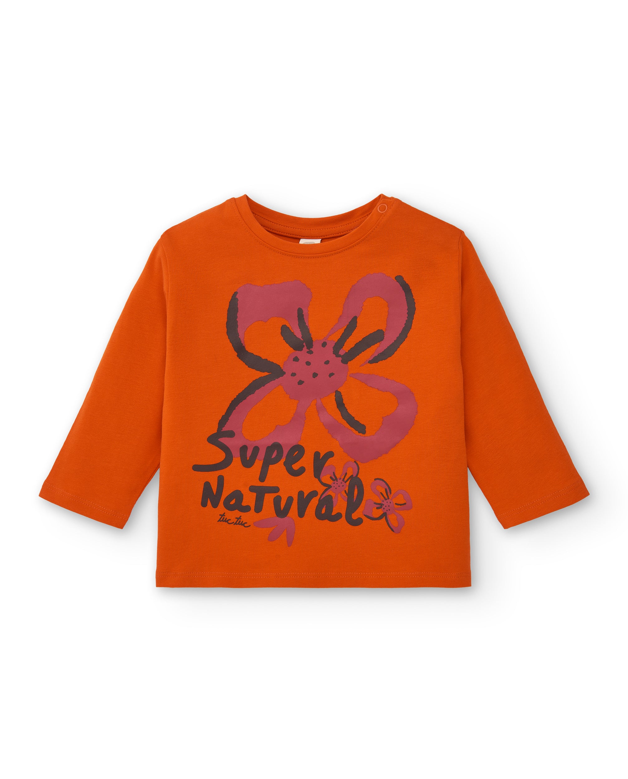 Camiseta de niña en naranja con estampado floral y texto