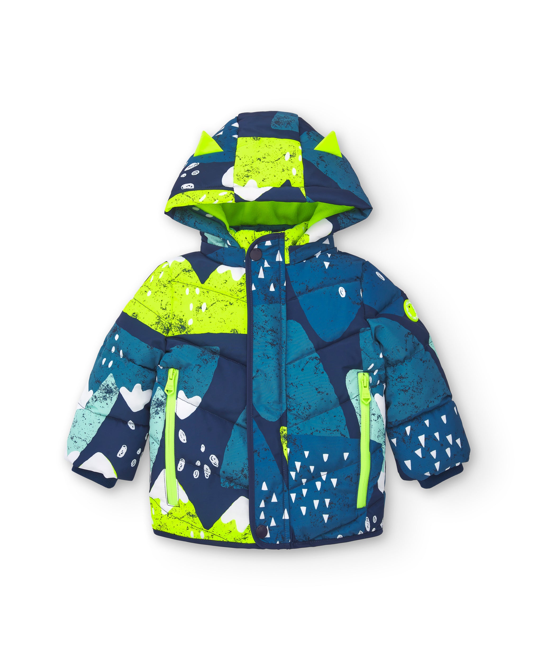 Abrigo acolchado con capucha y estampado de montaña para niño