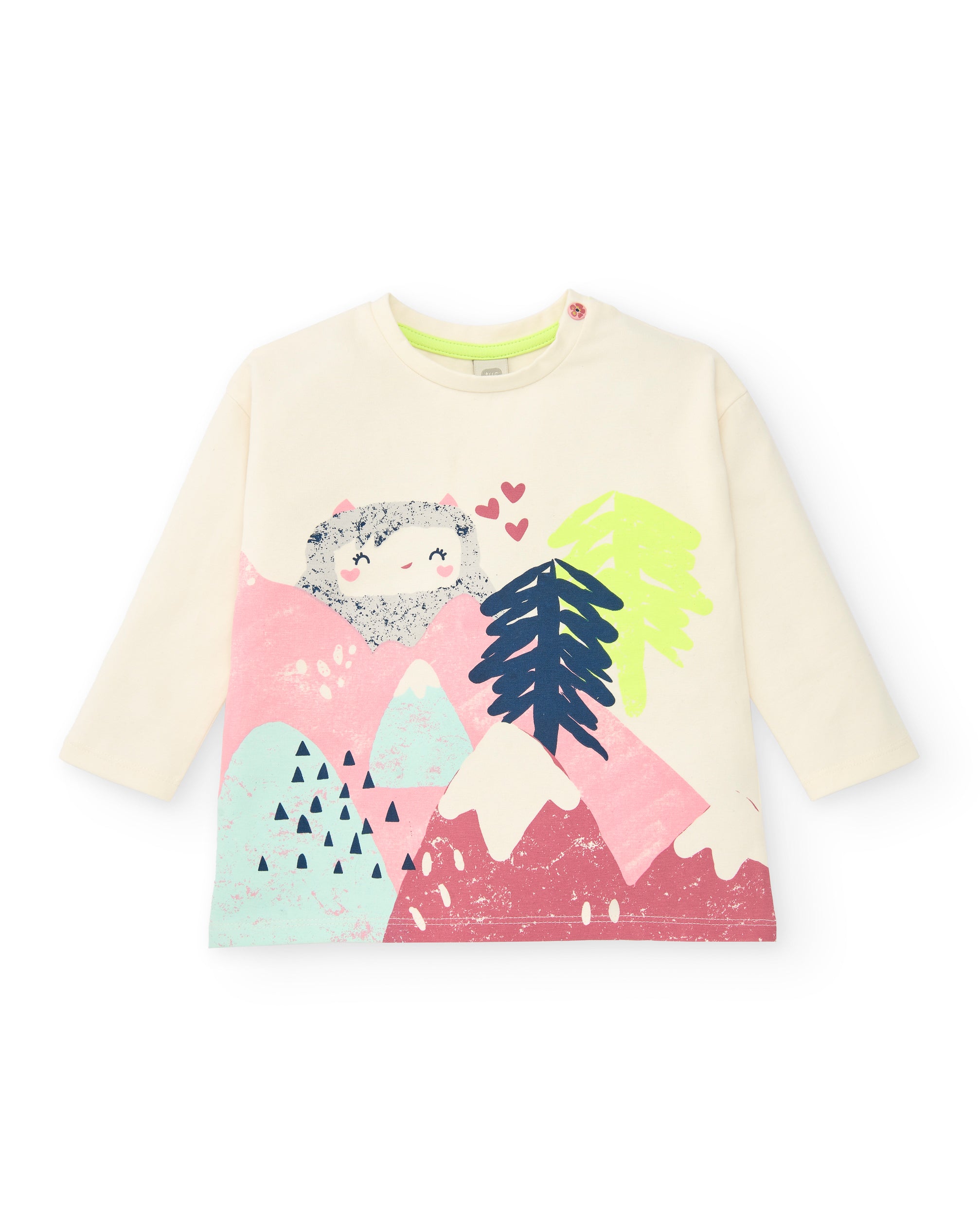 Camiseta de manga larga color crema con estampado de montaña y