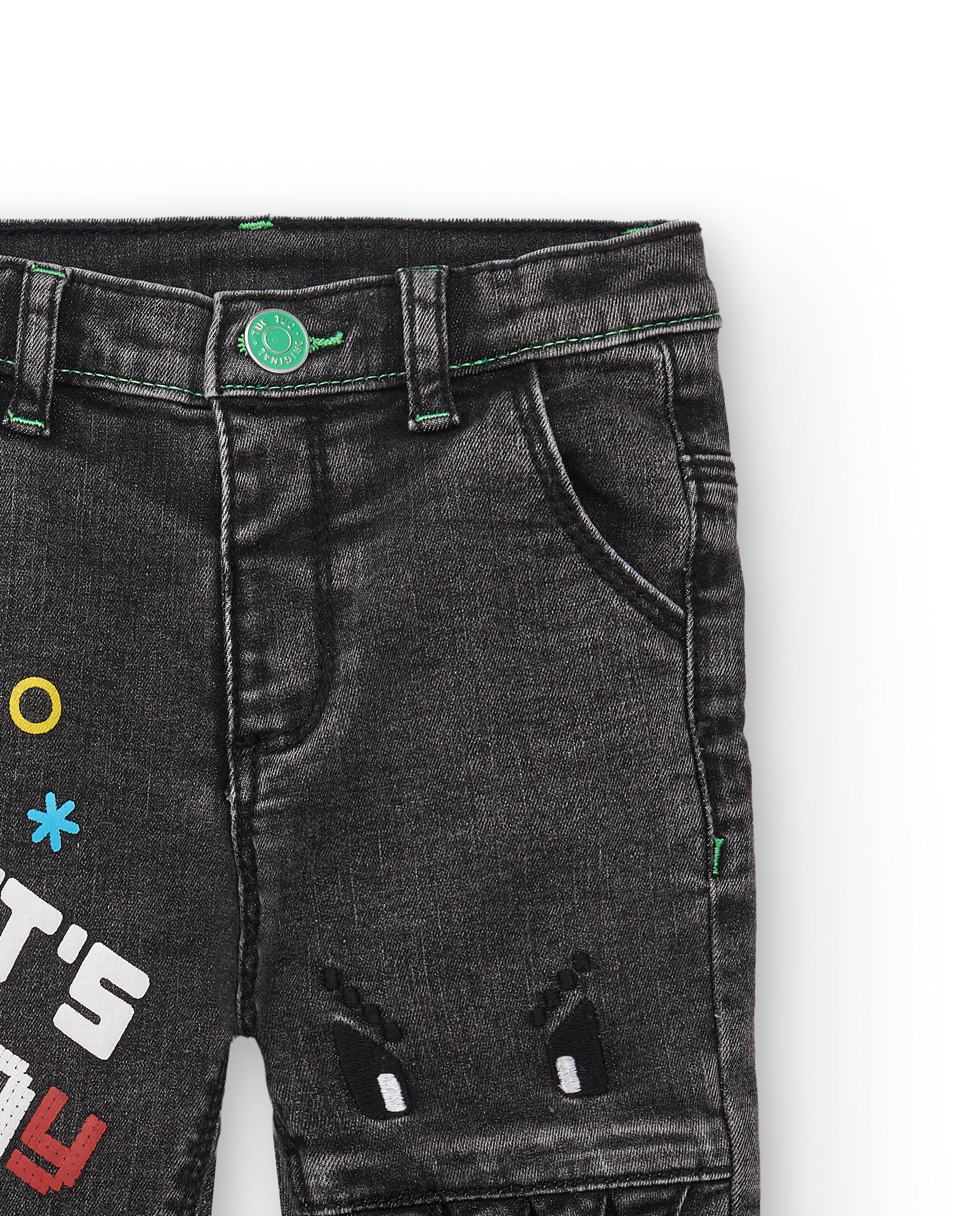 Pantalones denim para niño en negro con diseño "Let's Play"