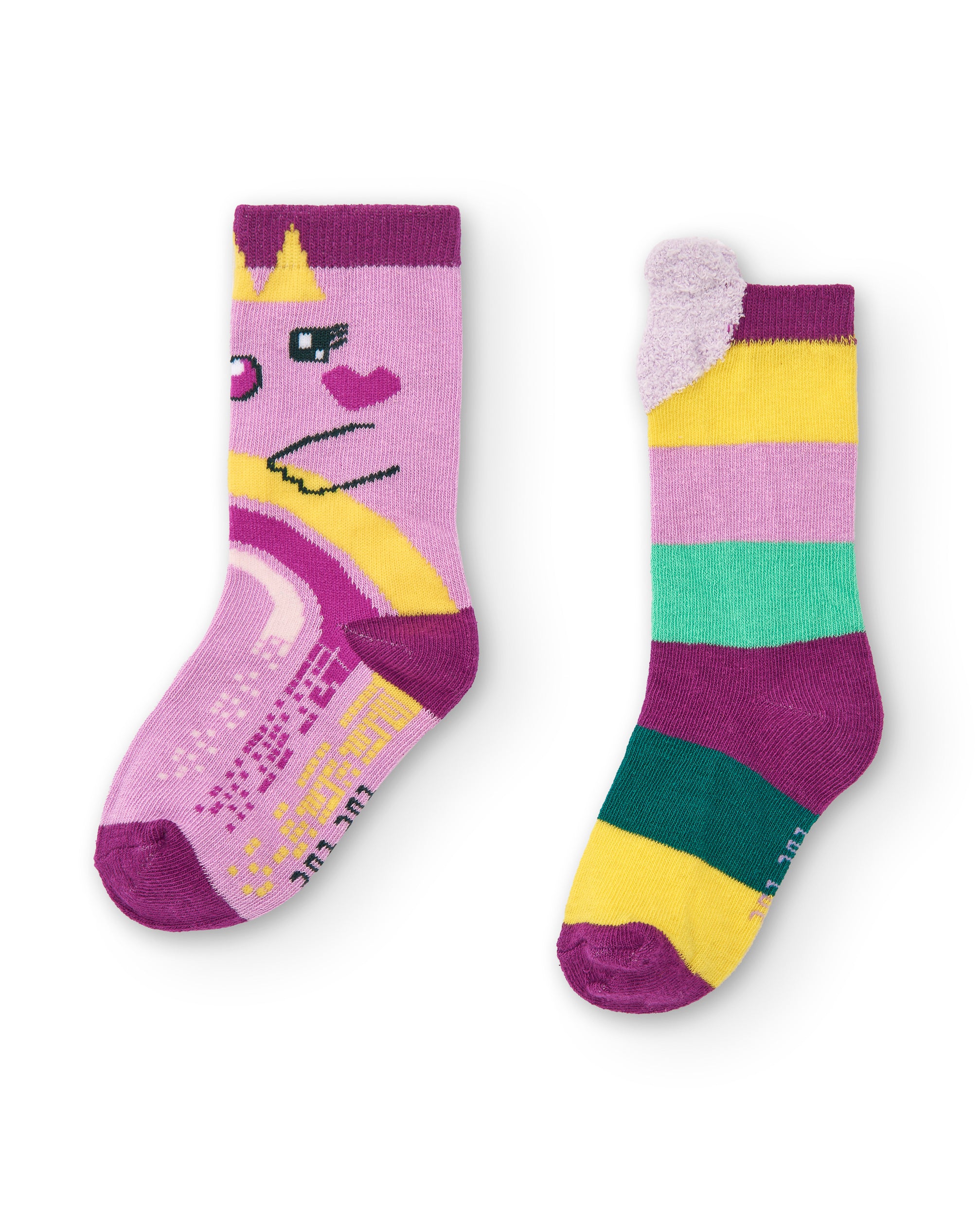 Calcetines para niña en tonos fucsia y verde con diseño de