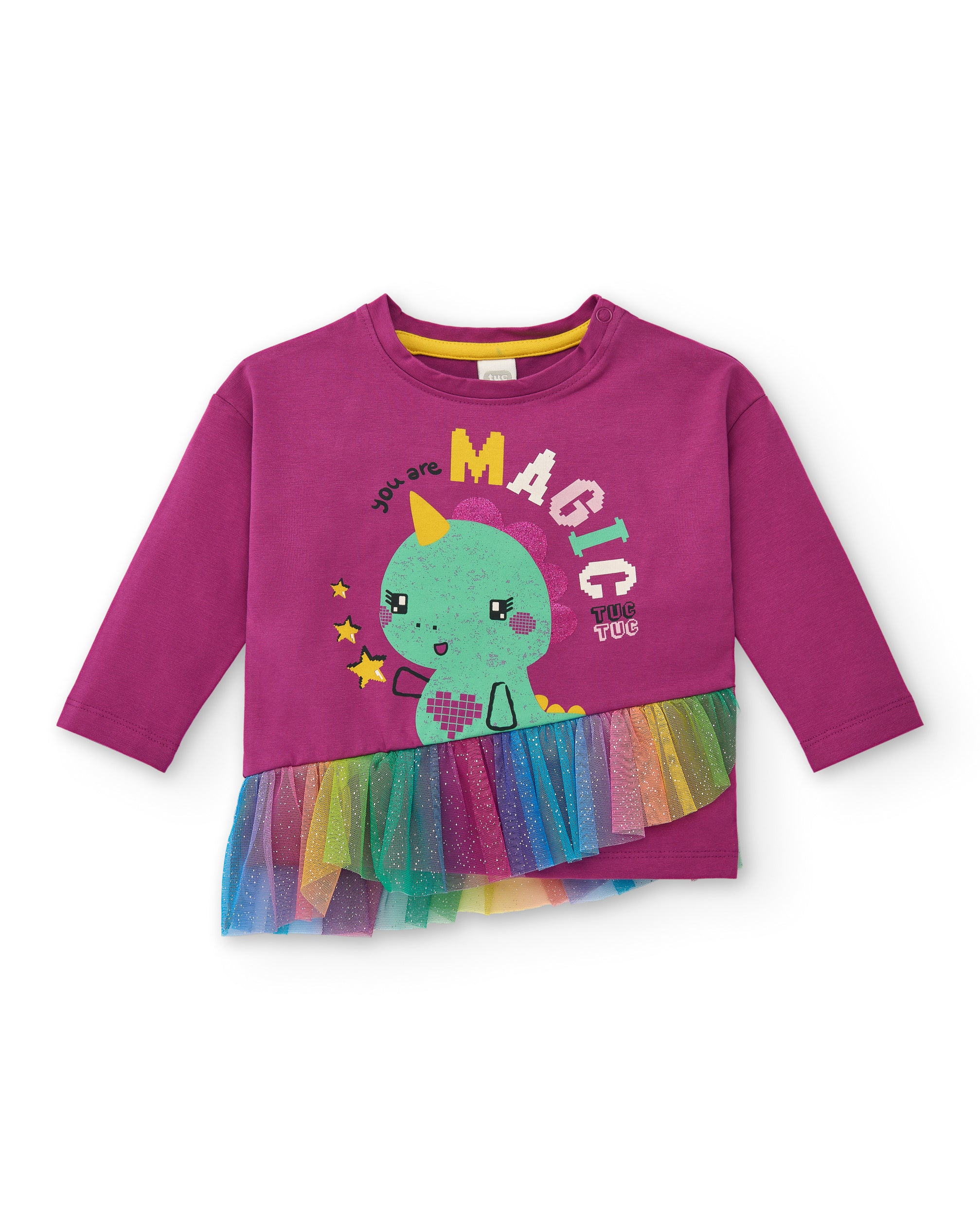 Camiseta manga larga morada con volante arcoíris y dinosaurio