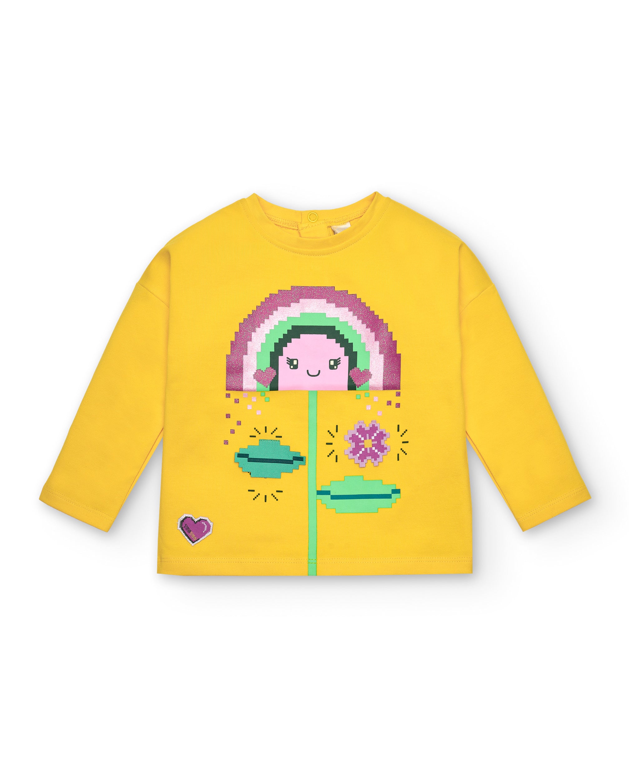 Camiseta manga larga amarilla con arcoíris y flor para niña