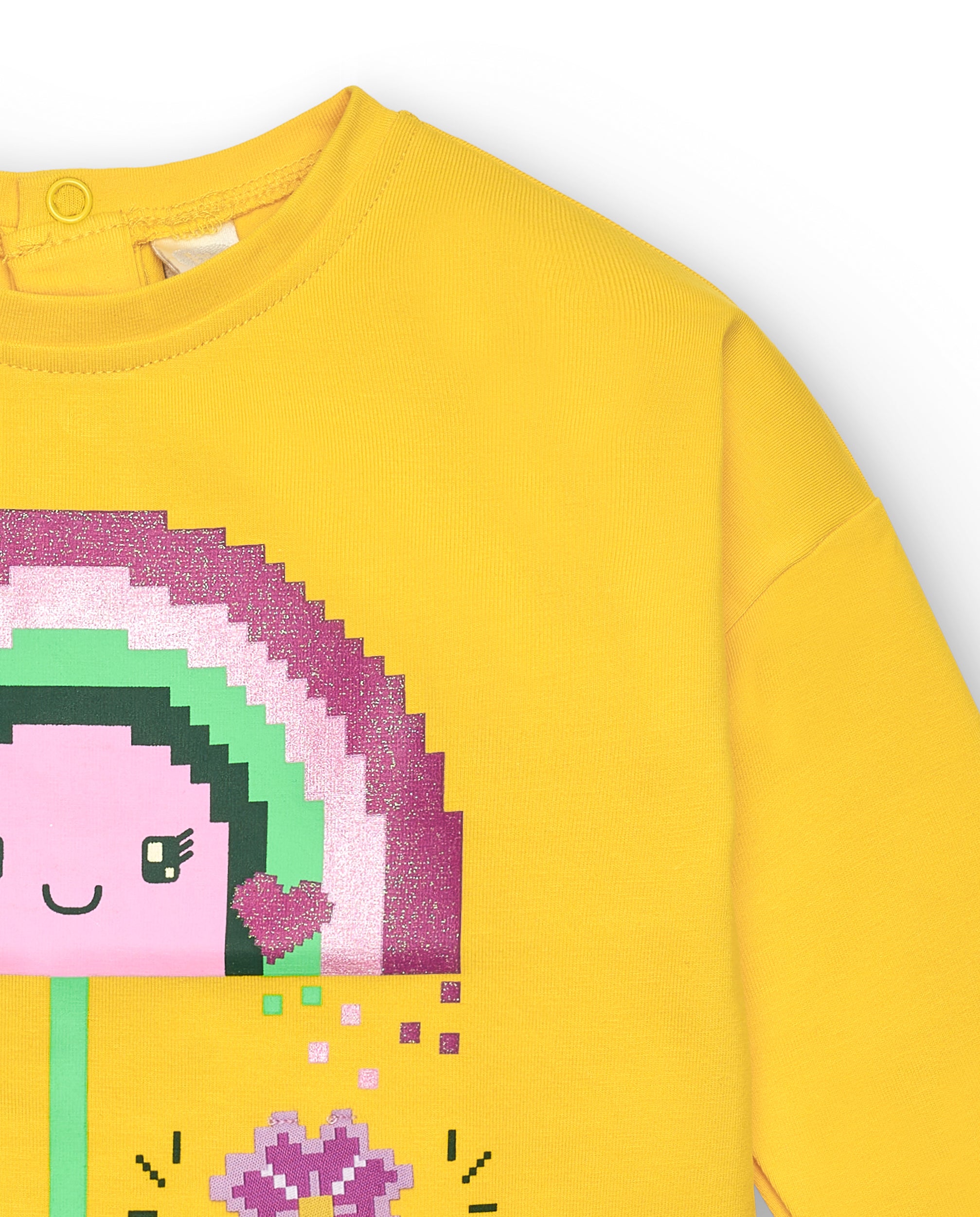 Camiseta manga larga amarilla con arcoíris y flor para niña