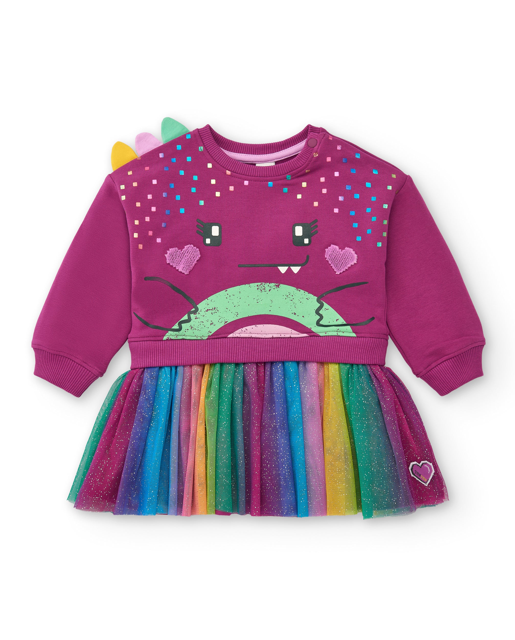 Vestido sudadera fucsia con dinosaurio y falda arcoíris para