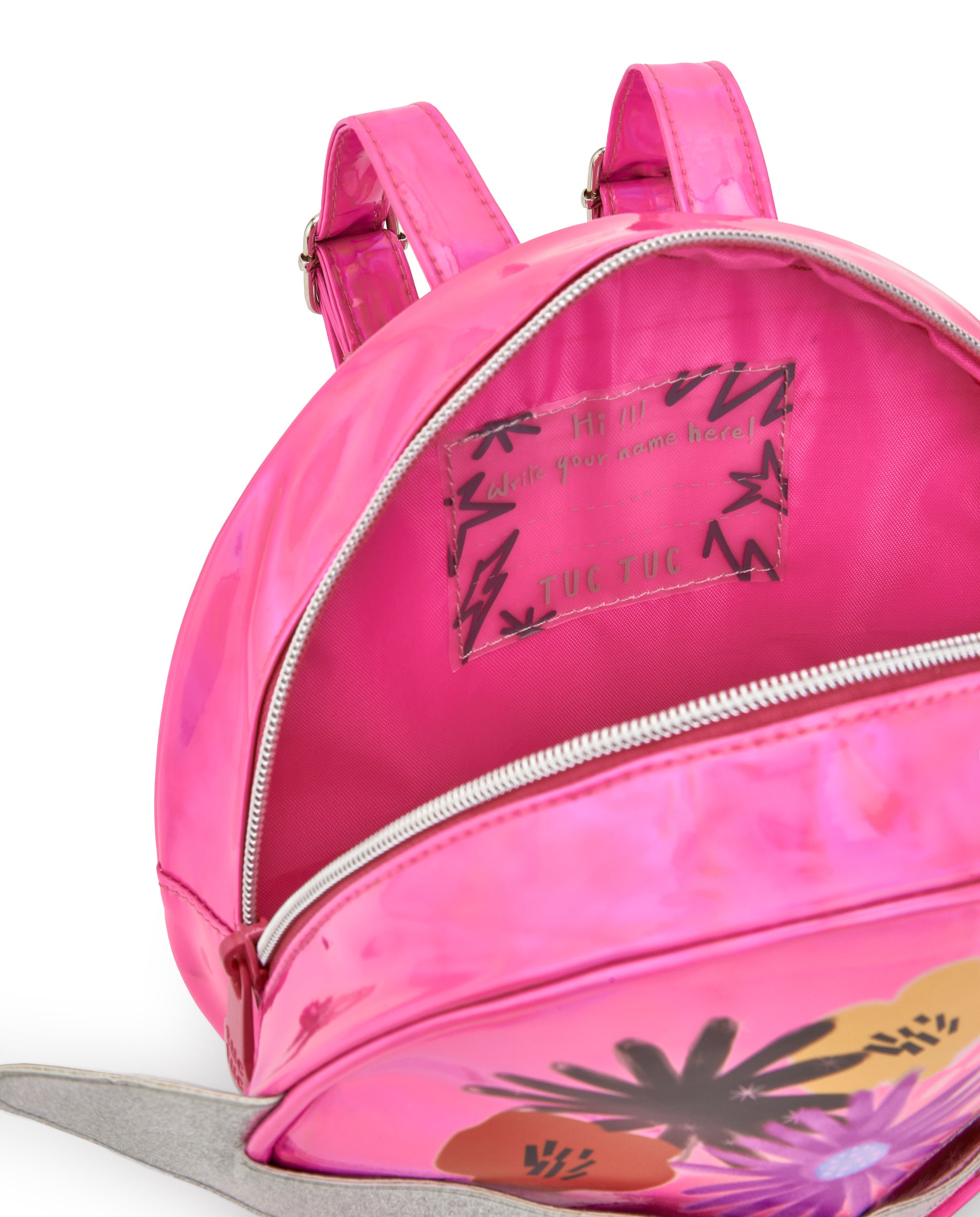 Mochila metalizada para niña en rosa con detalles brillantes
