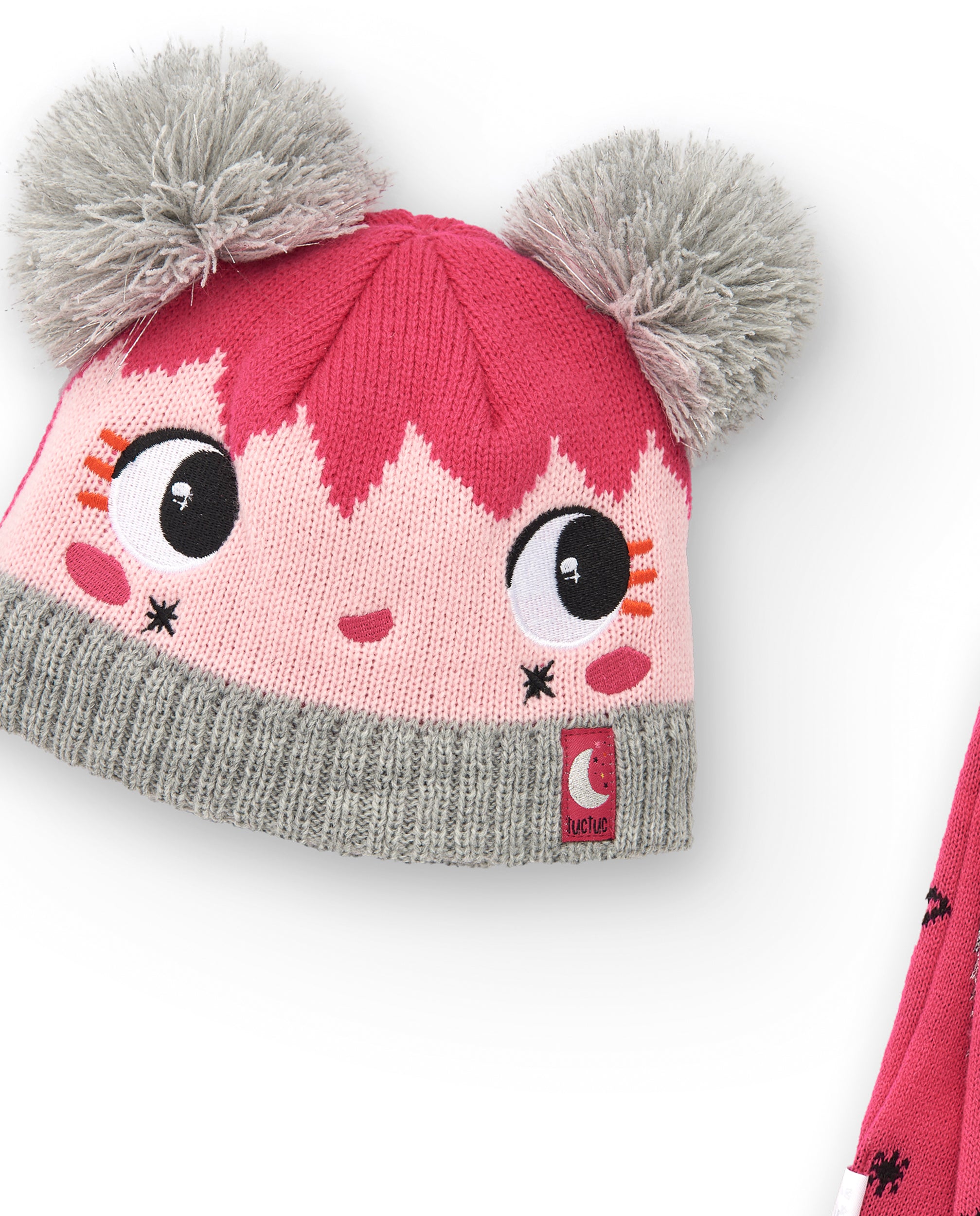 Gorro y bufanda tricot para niña en rosa con detalles