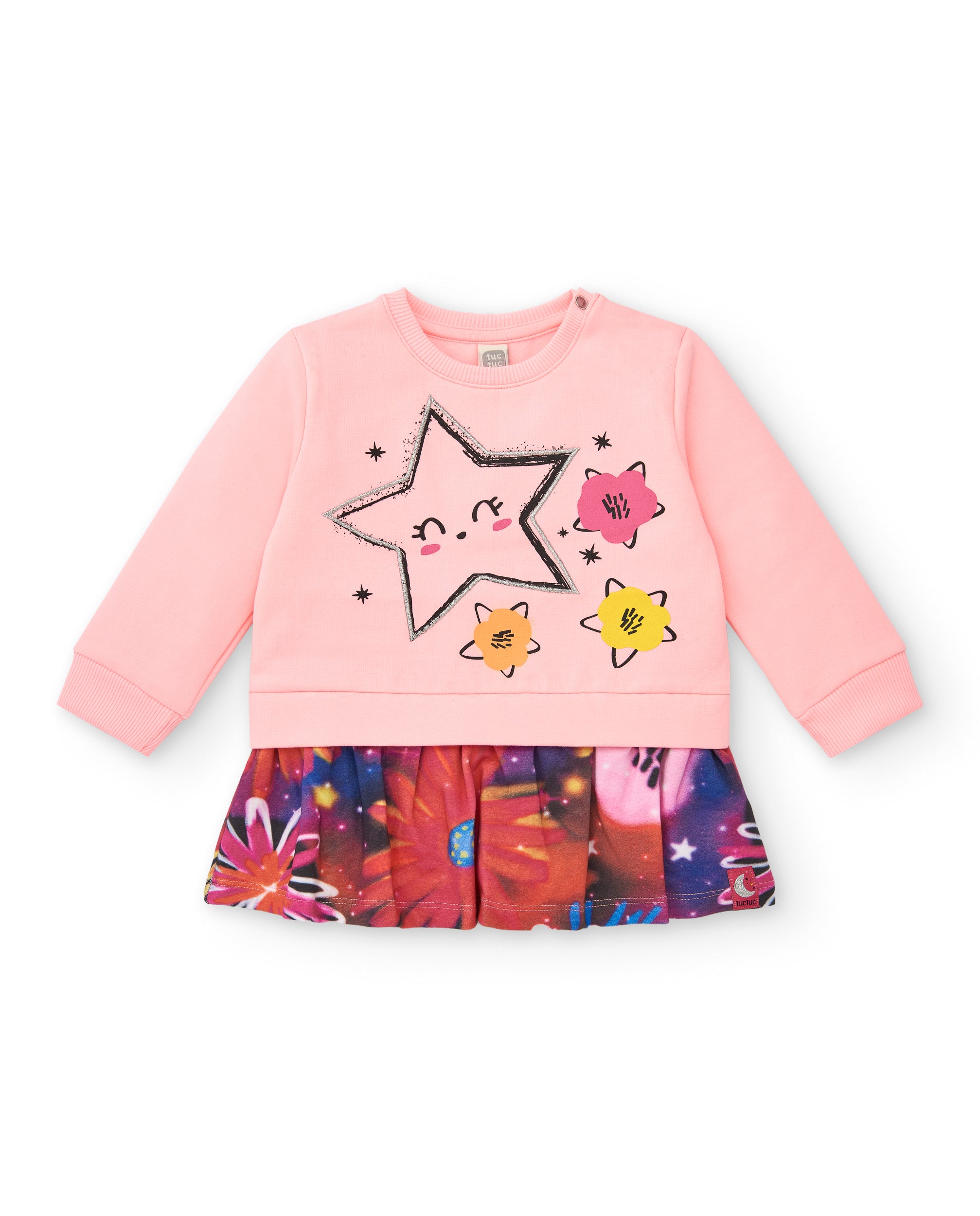 Vestido combinado de felpa y estampado floral para niña en rosa