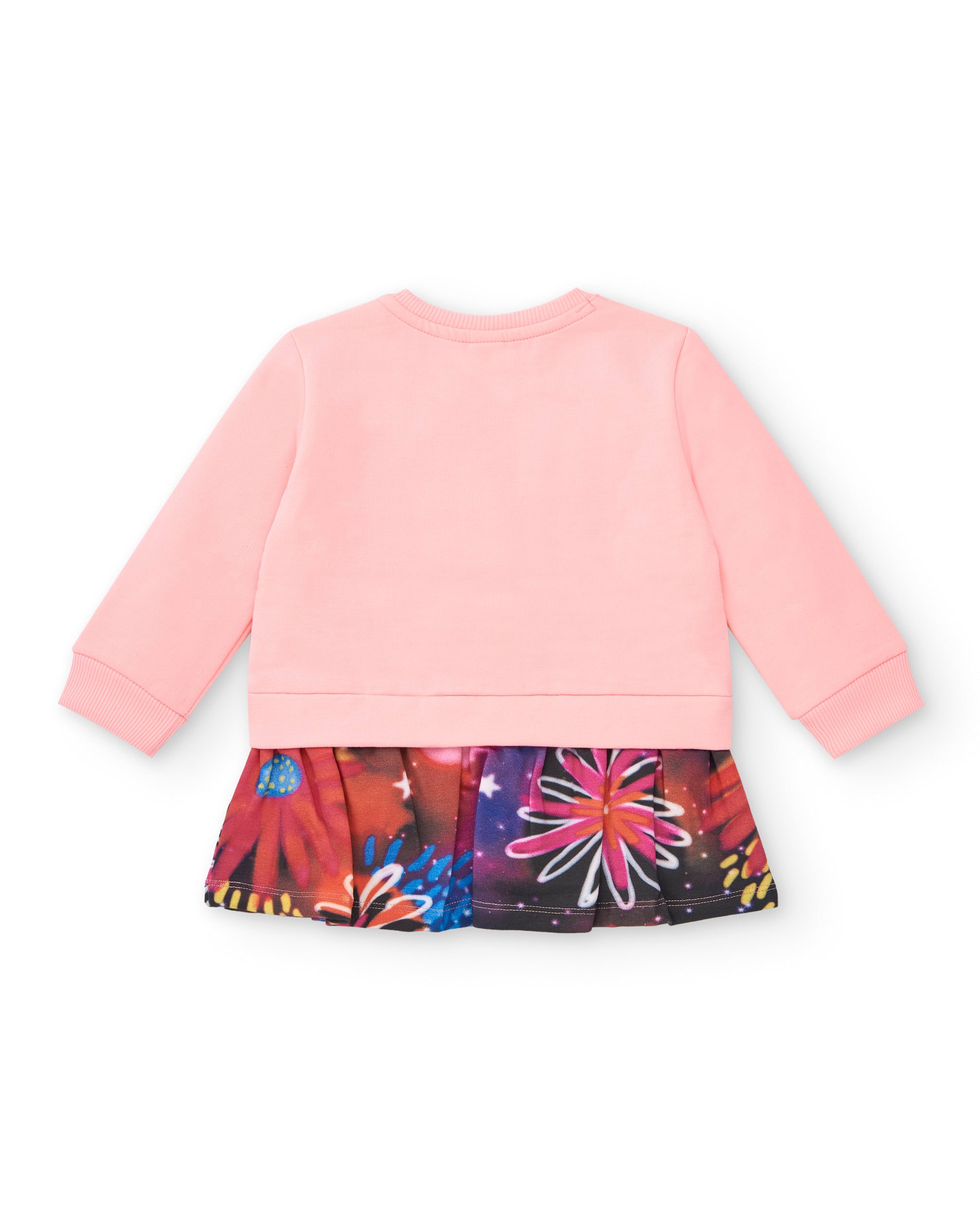 Vestido combinado de felpa y estampado floral para niña en rosa