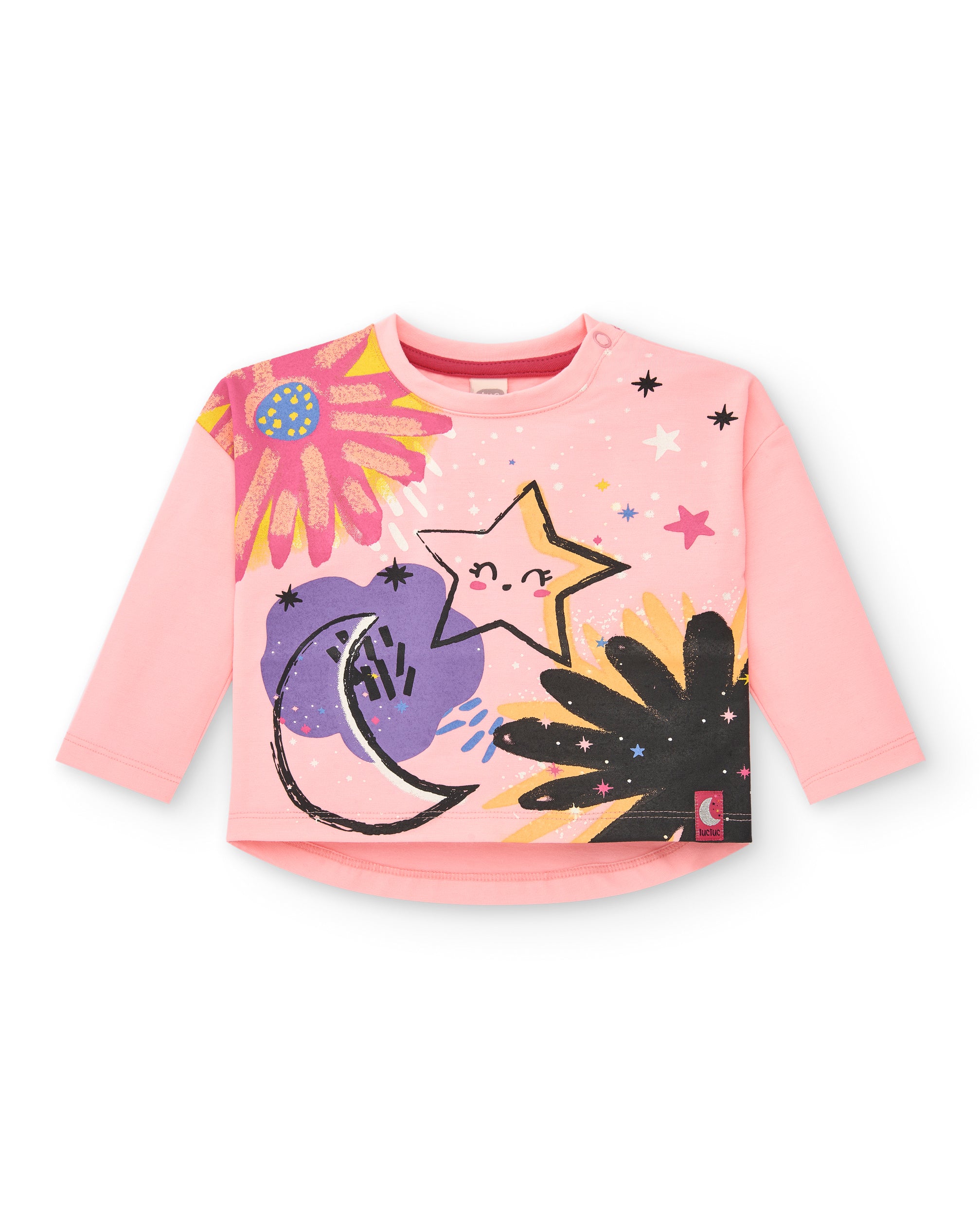 Camiseta de punto para niña en rosa con estampado colorido
