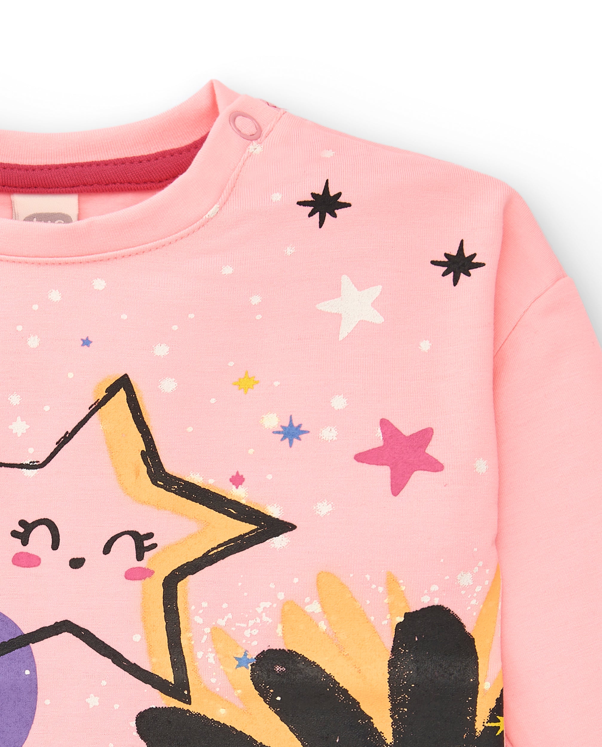 Camiseta de punto para niña en rosa con estampado colorido