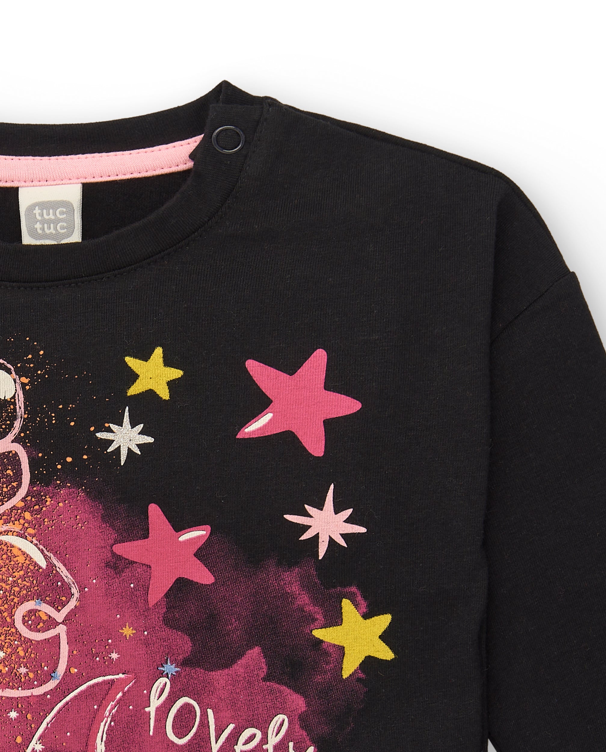 Camiseta de punto para niña en negro con estampado colorido