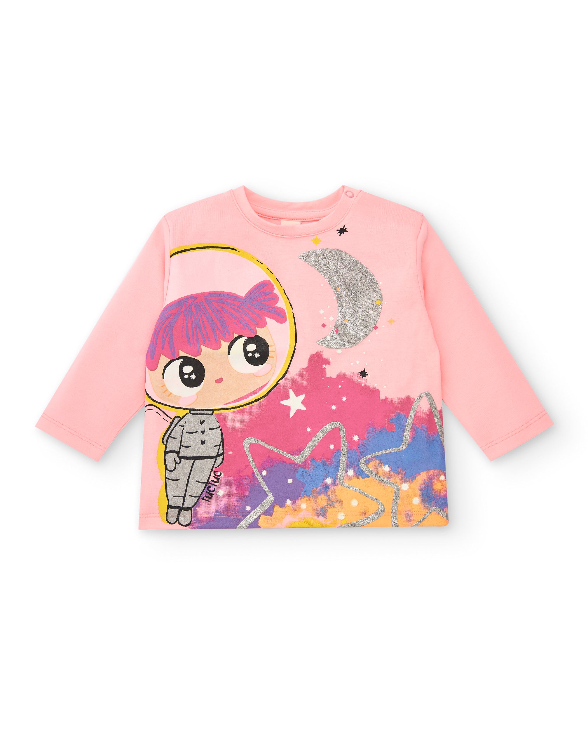 Camiseta de manga larga para niña en color rosa con estampado