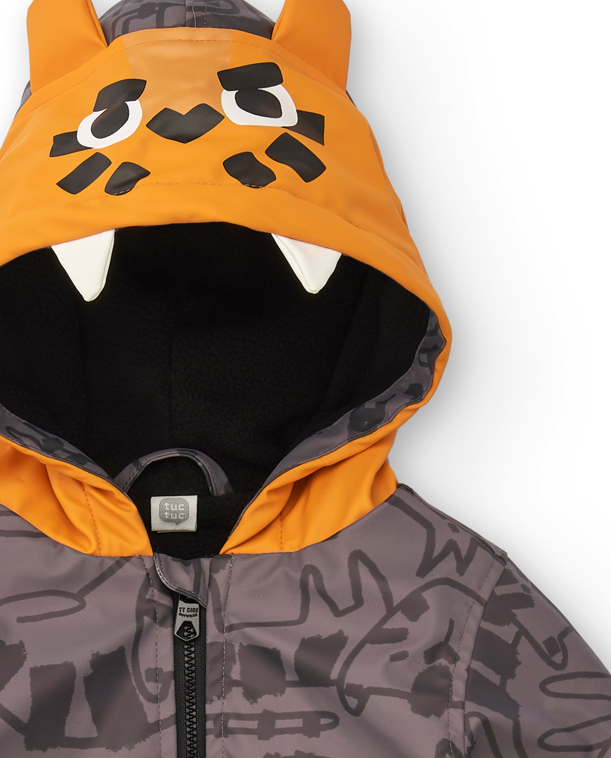 Chaqueta impermeable niño en gris con capucha de tigre
