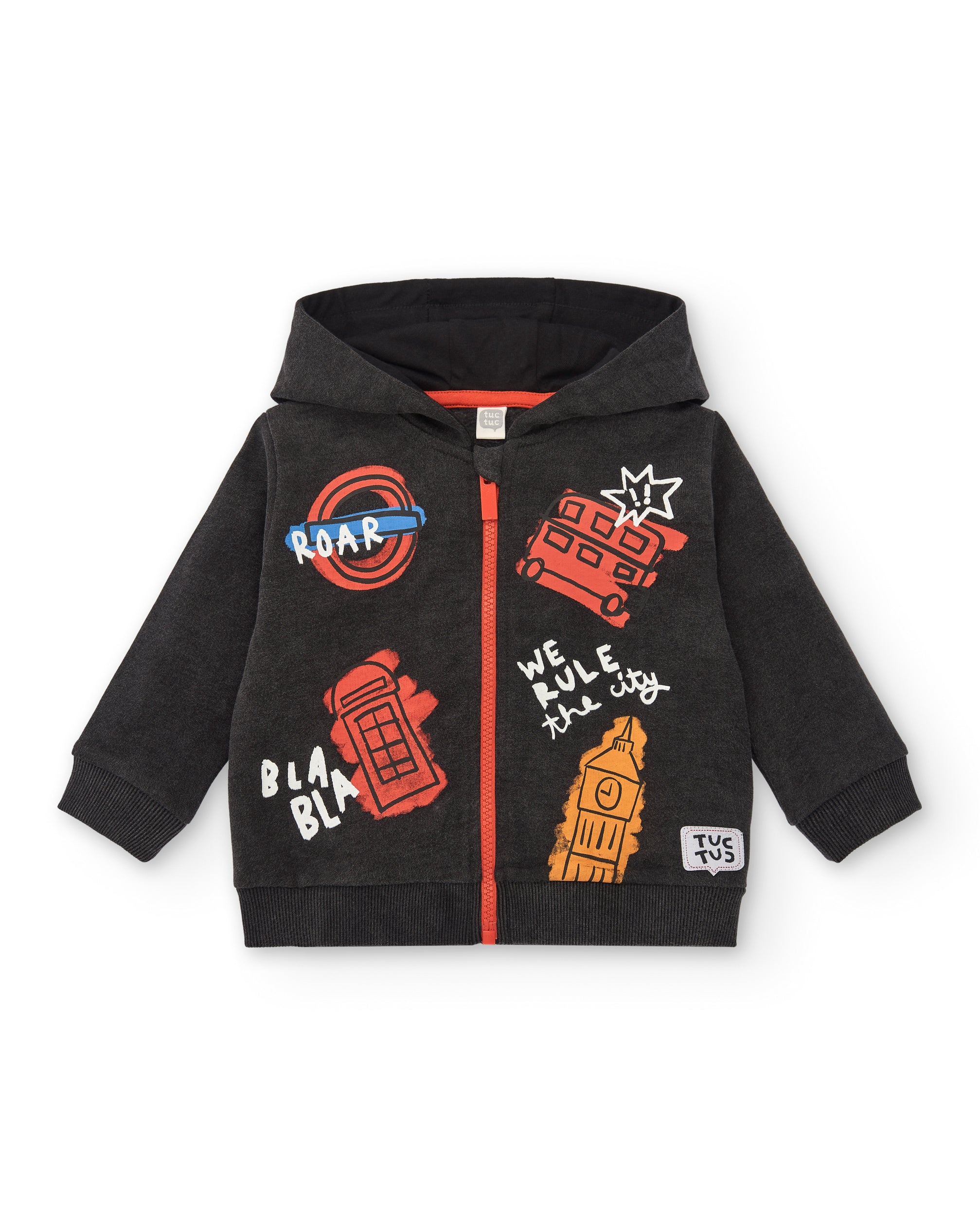 Sudadera felpa niño en negro con capucha y estampado londinense
