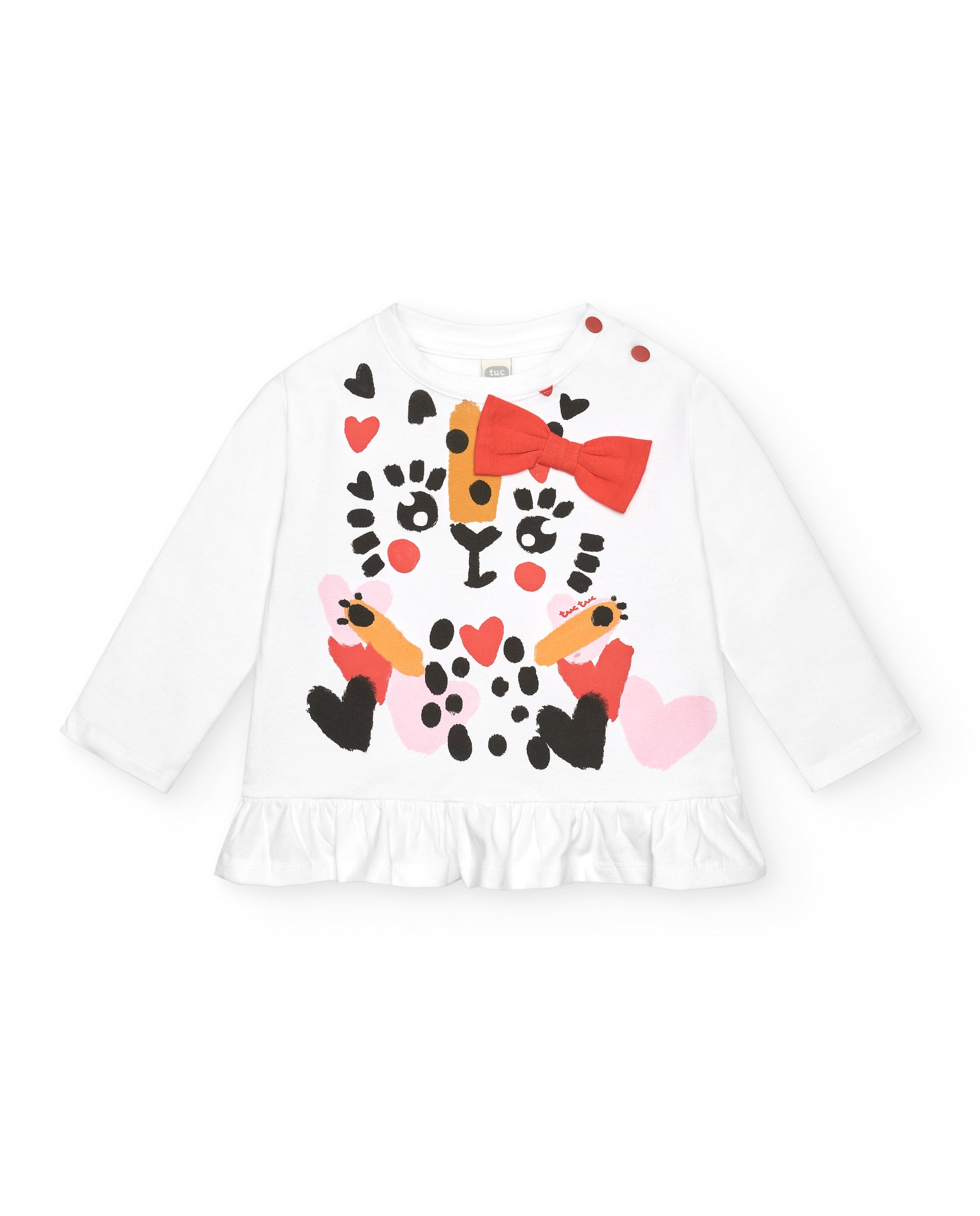 Camiseta niña en blanco con estampado de leopardo y lazo rojo