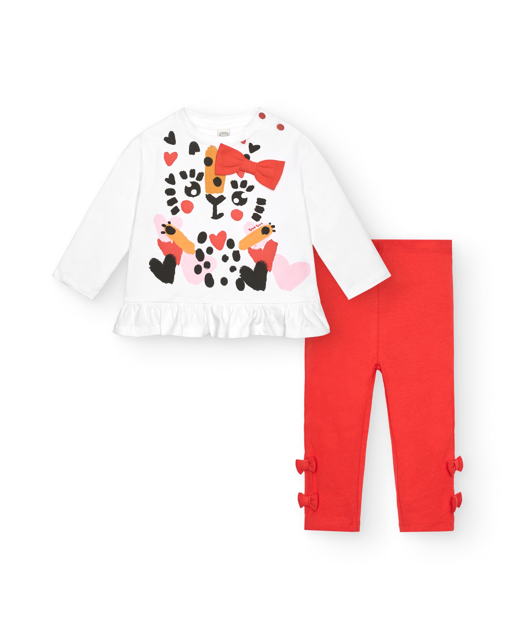 Conjunto niña en blanco y rojo con estampado de animalitos y